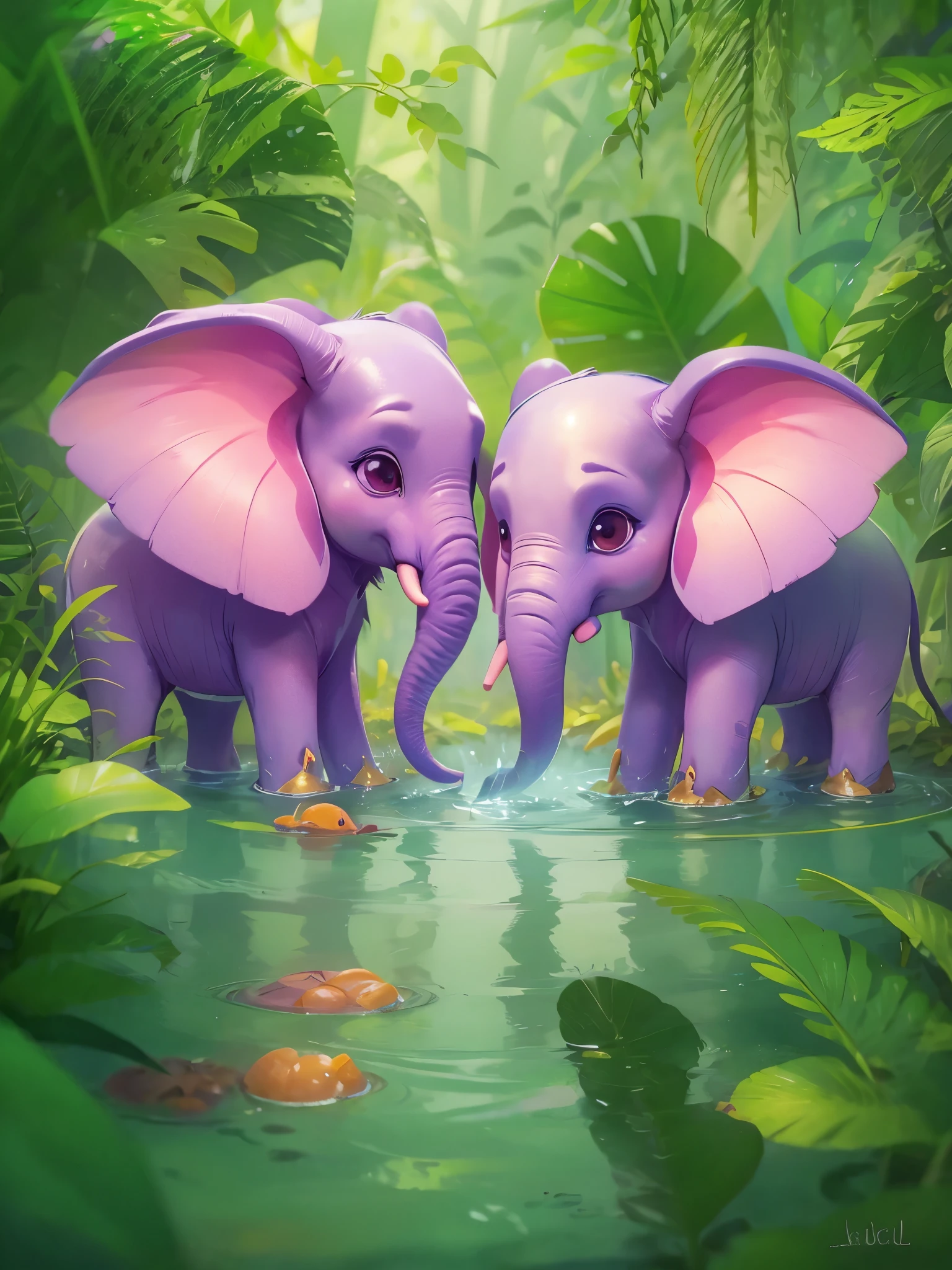 2 cute elephants,Big ears perpendicular to both sides of the head,Long nose,ivory,crawl,quadrupedal,happy,Drinking water by the water in the tropical rainforest,Pixar style illustration,