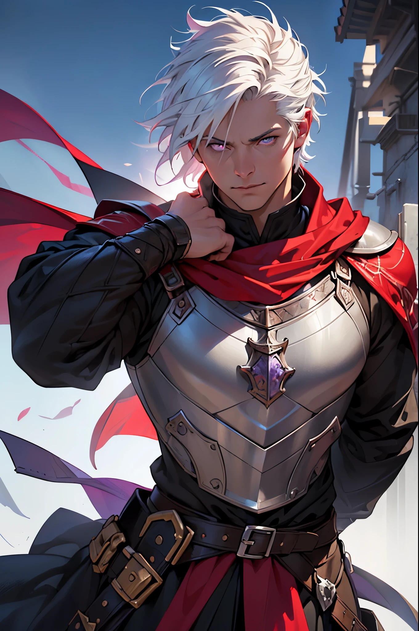 (best quality,ultra-detailed,realistic:1.37),short white hair,purple eyes,medieval man warrior,black armor,red cape,battle stance,d&d character,sharp focus,physically-based rendering,professional,vivid colors,bokeh,portrait