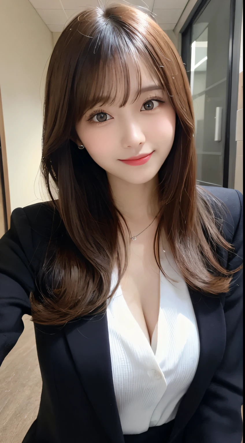 masutepiece, Best Quality, Illustration, Ultra-detailed, finely detail, hight resolution, 8K Wallpaper, Perfect dynamic composition, Beautiful detailed eyes, long sleeve casual office clothes,Medium Hair,,Natural Color Lip, Bold sexy poses,Smile,Harajuku、20 years girl、Cute、Sexy shot looking at camera,Blur the background,beautifull detailed face,Take only the face