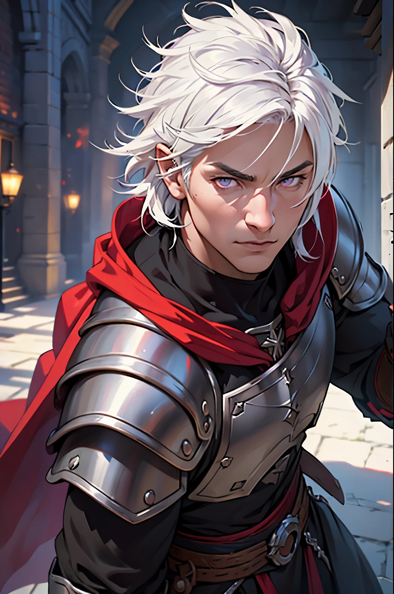 (best quality,ultra-detailed,realistic:1.37),short white hair,purple eyes,medieval man warrior,black armor,red cape,battle stance,d&d character,sharp focus,physically-based rendering,professional,vivid colors,bokeh,portrait