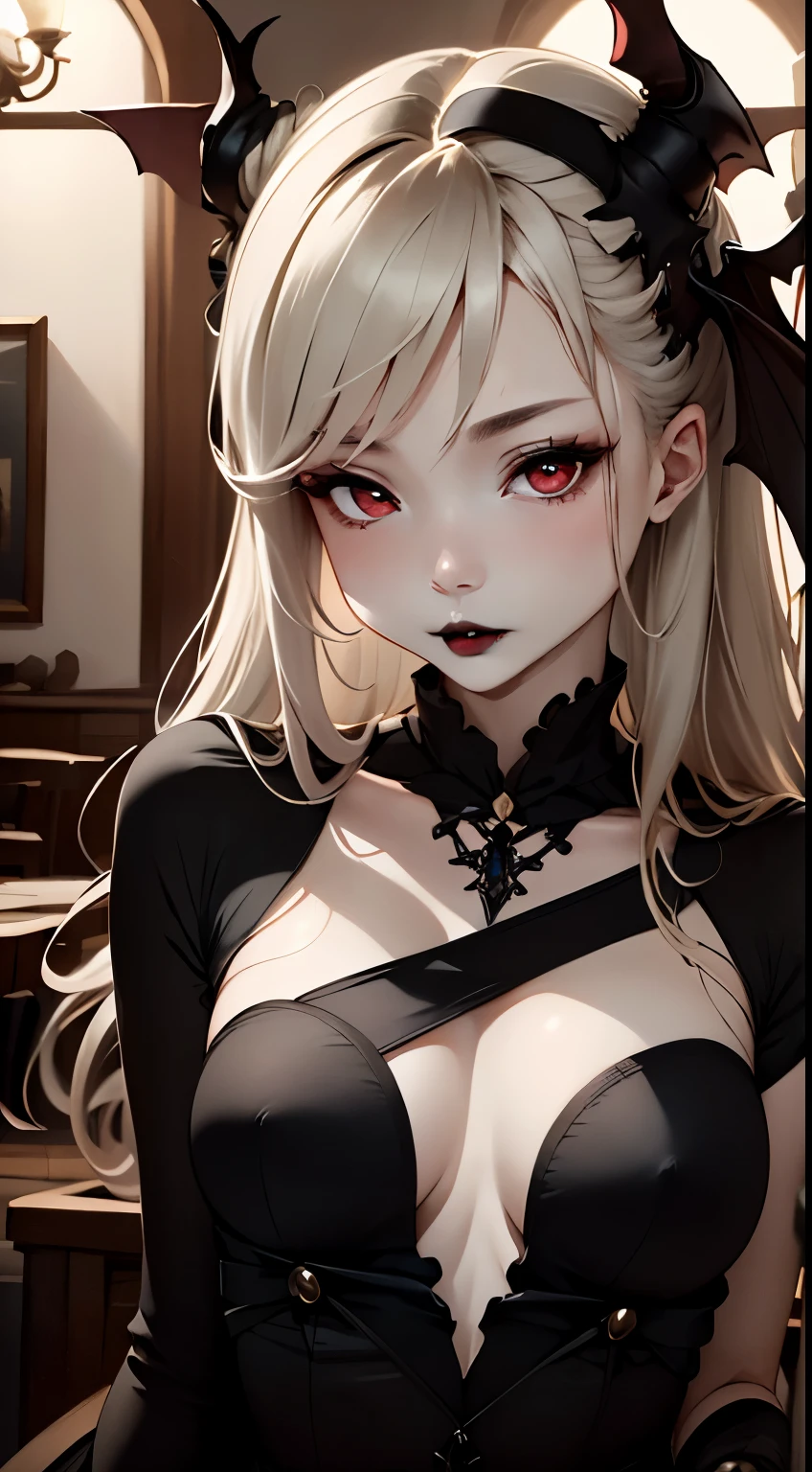 one girl、unparalleled beauty、cute face、ruddy face、fine eyes、(((vampire、deep red eyes、black lips、Expressionless)))、dark fantasy、Drifting eroticism、bun hair、blonde、Classy dresses、small breasts、ancient city、dark drawing room、Luxurious ornaments、dark lighting、dark lighting、masterpiece、highest quality、super resolution、best image quality、Super detailed、