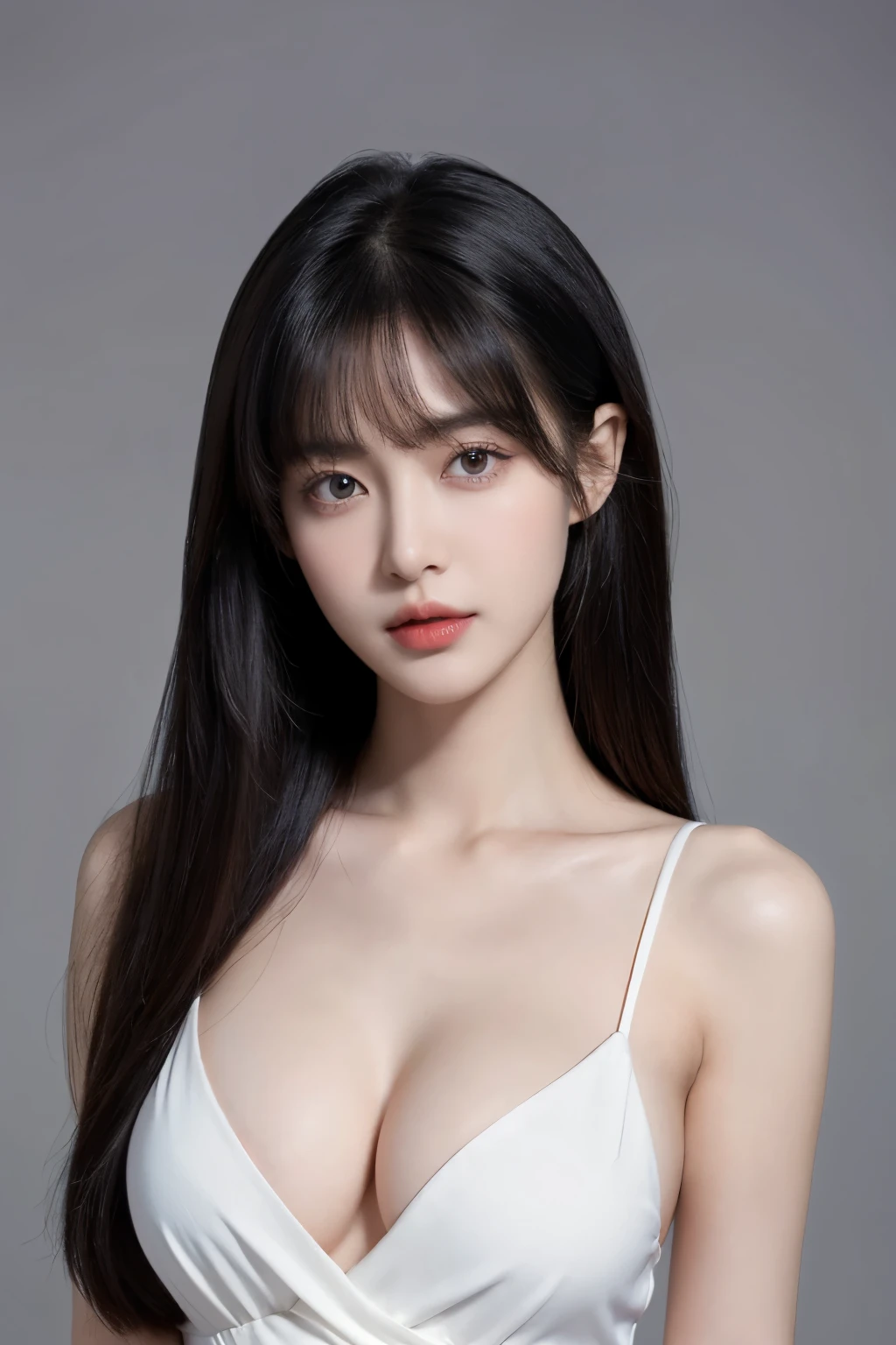 lifelike,high resolution：1.3）， A slim girl， The face shape and eyes are super delicate,black hair,red glossy lips,(beautiful face), (best quality), (Super detailed), (Extremely detailed CG unified 8k wallpaper),((deep v dress)),(White background),(cleavage),(Model photo),dignified poses,big eyes,(standing),(air bangs),SMALL BREASTS,((full upper body)),(above waist),Eyes look at the audience,Teardrop-shaped breasts,soft breasts,very realistic breasts