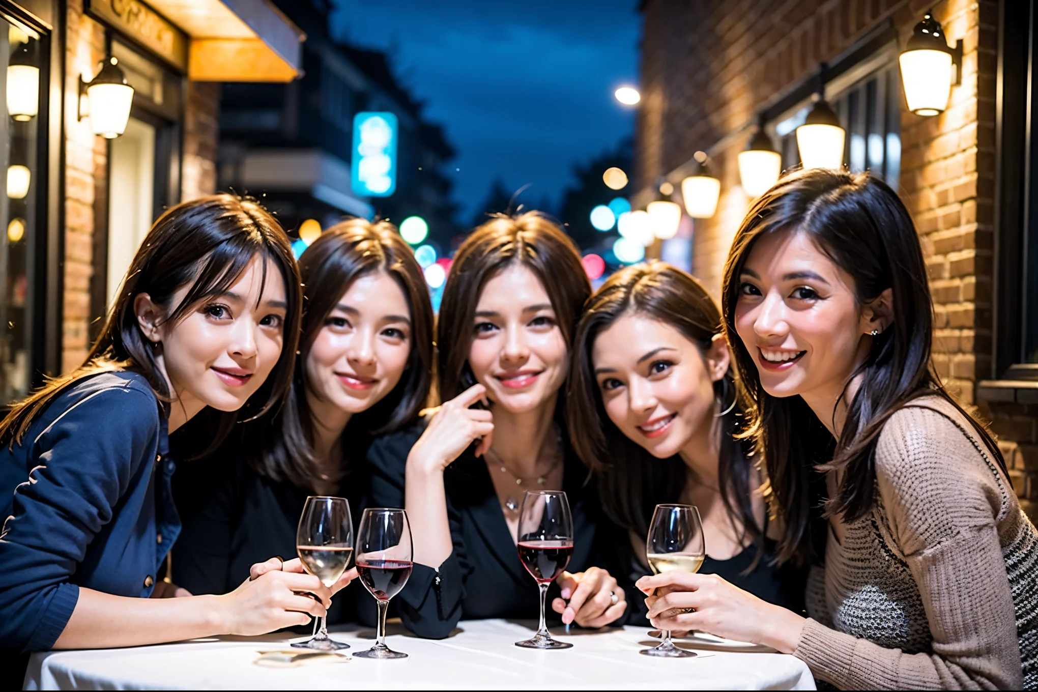 64k, UHD, highest quality, masterpiece: 1.2), (realistic, photorealistic: 1.37), Super detailed, celebration party、beauty、beautiful mature woman、3 women who love wine、Three Men、champagne、Sparkling wine、winter night、restaurantでワイン宴会、(slimな男女4名),(Wine party for 5 people)、(slimフェイス),Happy、 最高なsmile、Fox Face、Raccoon face、Berry Short、(because I'thin), (brown hair), (shortcut), long sleeve shirt、winter fashion、Colombia、Brazilian、Japanese、Dutch、German、Portuguese、Belgian、Italian、french, (gushing), (slimボティ), (brown hair), (shortcut), 端正なbeauty、cheeks blush a little, (41 years old), 38 years old, 35 years old、32 years old、 A beautiful and detailed night view spreads out outside the window....., restaurant, wine glassが座っている, At night, in a prominent place (from the Upper body) nova frog style, actress, model, Upper body, White wine, slim, wine glass, Very beautiful night view, wine glass Put in the Middle, Happy smile, (smile: 1.15),