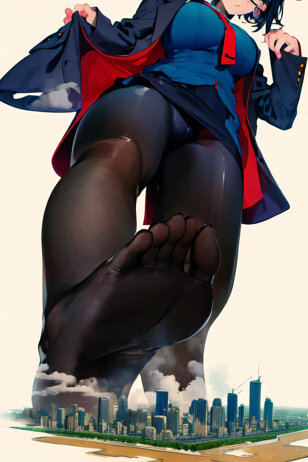 Giantの芸術, 非常に詳細なGiantショット, Giant, short hair, A high school girl who is much bigger than a skyscraper, wearing rimless glasses, big breasts, big ass, navy blue blazer, red tie, mini skirt, black pantyhose, pantyhose barefoot, Steam comes out from the soles of the feet, very small metropolis, miniature metropolis, crush the big city, full body description, ＧＴＳ, ギガGiant, Stomping City, crash city, Small town, micro city, High resolution, highest quality, masterpiece, 