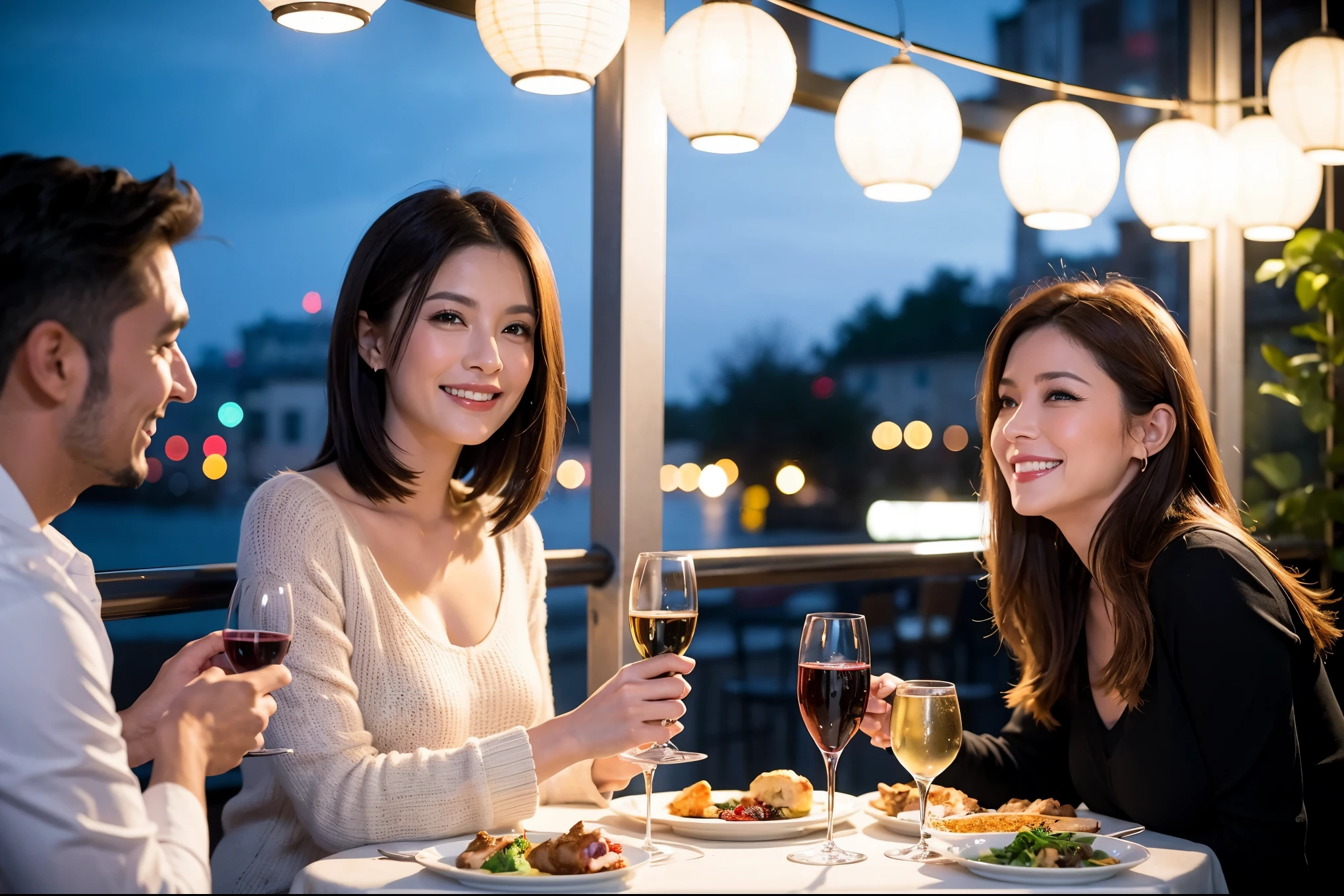 64k, UHD, highest quality, masterpiece: 1.2), (realistic, photorealistic: 1.37), Super detailed, celebration party、beauty、beautiful mature woman、3 women who love wine、Three Men、champagne、Sparkling wine、winter night、restaurantでワイン宴会、(slimな男女4名),(Wine party for 5 people)、(slimフェイス),Happy、 最高なsmile、Fox Face、Raccoon face、Berry Short、(because I&#39;thin), (brown hair), (shortcut), long sleeve shirt、winter fashion、Colombia、Brazilian、Japanese、Dutch、German、Portuguese、Belgian、Italian、french, (gushing), (slimボティ), (brown hair), (shortcut), 端正なbeauty、cheeks blush a little, (41 years old), 38 years old, 35 years old、32 years old、 A beautiful and detailed night view spreads out outside the window....., restaurant, wine glassが座っている, At night, in a prominent place (from the Upper body) nova frog style, actress, model, Upper body, White wine, slim, wine glass, Very beautiful night view, wine glass Put in the Middle, Happy smile, (smile: 1.15), 