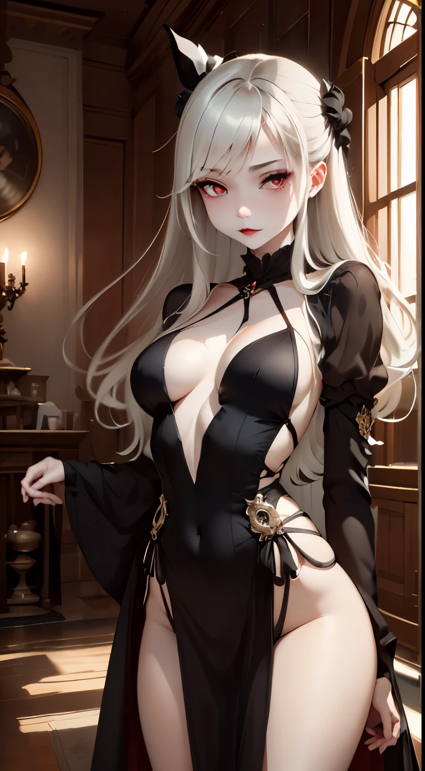 one girl、unparalleled beauty、cute face、ruddy face、fine eyes、(((vampire、deep red eyes、black lips、Expressionless)))、dark fantasy、Drifting eroticism、bun hair、blonde、Classy dresses、small breasts、ancient city、dark drawing room、Luxurious ornaments、dark lighting、dark lighting、masterpiece、highest quality、super resolution、best image quality、Super detailed、
