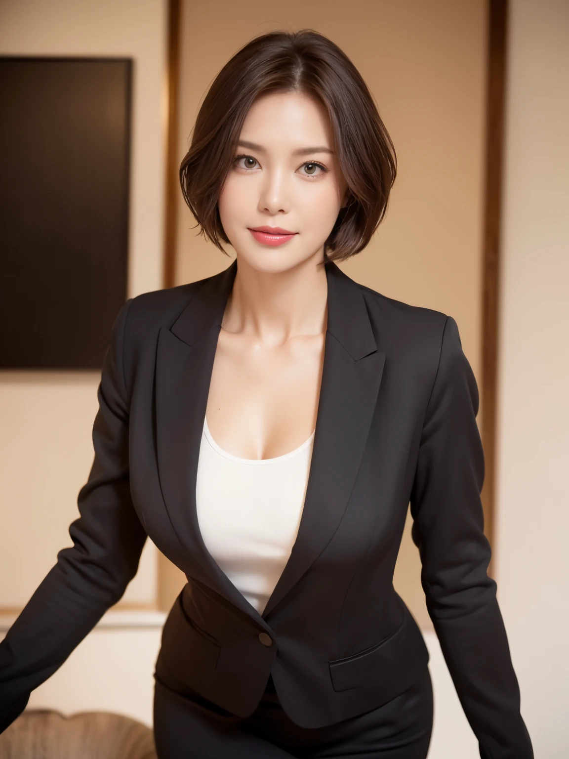 masterpiece,highest quality, (1 milf、42 years old), ((close:0.5)), ((cross arms)), glare, gray blazer, white shirt, double eyelid, eyelash, lip gloss, (smile:1), ((close your eyes:0.85)), ((looking at the viewer、The whole body is shown、Are standing)), born, (From above:0.2), ((no one)), （office）、（Knee length、Knee-high boots）、Depth of bounds written、尖ったred mouth、(short hair of reddish-brown color wet and shiny,,,,,,,,,),red mouth,clavicle、full body portrait、digital illustration, (Photoreal:1.3),(RAW photo.)