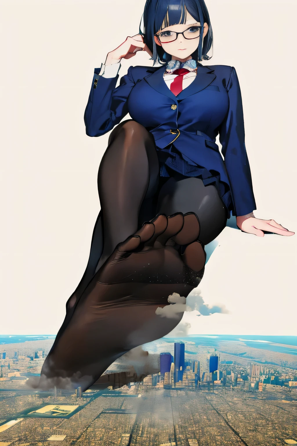 Giantの芸術, 非常に詳細なGiantショット, Giant, short hair, A high school girl who is much bigger than a skyscraper, wearing rimless glasses, big breasts, big ass, navy blue blazer, red tie, mini skirt, black pantyhose, pantyhose barefoot, Steam comes out from the soles of the feet, very small metropolis, miniature metropolis, crush the big city, full body description, ＧＴＳ, ギガGiant, Stomping City, crash city, Small town, micro city, High resolution, highest quality, masterpiece, 