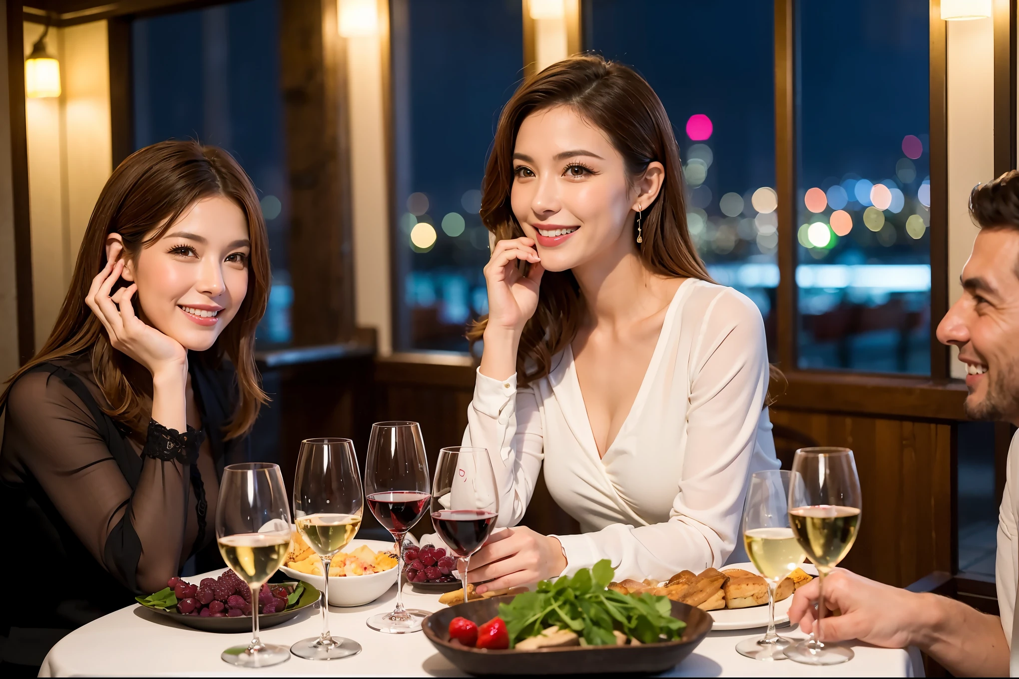 64k, UHD, highest quality, masterpiece: 1.2), (realistic, photorealistic: 1.37), Super detailed, celebration party、beauty、beautiful mature woman、3 women who love wine、Three Men、champagne、Sparkling wine、winter night、restaurantでワイン宴会、(slimな男女4名),(Wine party for 5 people)、(slimフェイス),Happy、 最高なsmile、Fox Face、Berry Short、(because I&#39;thin), (brown hair), (shortcut), long sleeve shirt、winter fashion、Japanese、Dutch、German、Portuguese、Belgian、Italian、french, (gushing), (slimボティ), (brown hair), (shortcut), 端正なbeauty、cheeks blush a little, (34 years old), 38 years old,32 years old、40 years old、 A beautiful and detailed night view spreads out outside the window....., restaurant, wine glassが座っている, At night, in a prominent place (from the Upper body) nova frog style, actress, model, Upper body, White wine, slim, wine glass, Very beautiful night view, wine glass Put in the Middle, Happy smile, (smile: 1.15), 