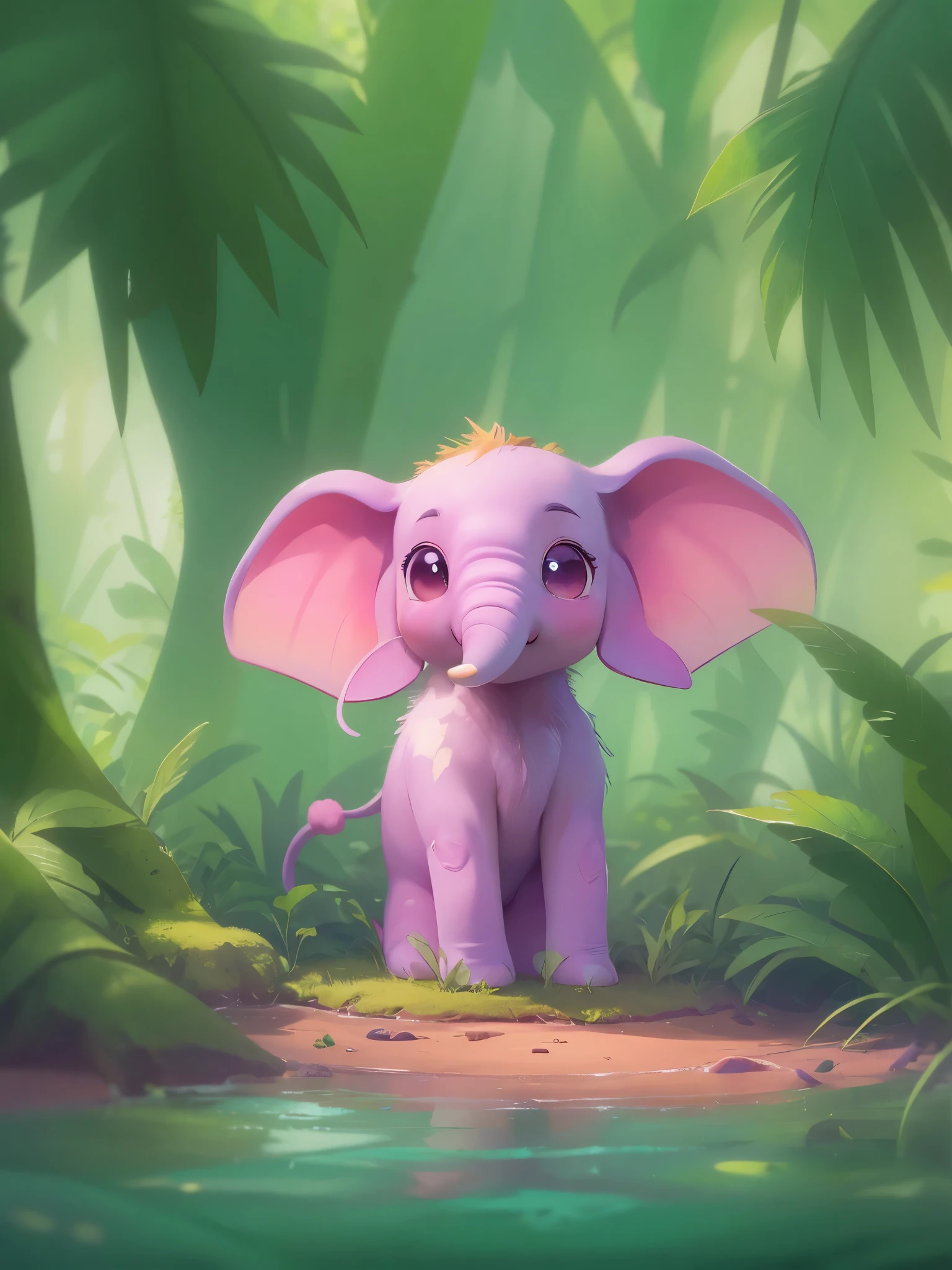1 cute elephant,Big ears perpendicular to both sides of the head,Long nose,ivory,crawl,quadrupedal,happy,Drinking water by the water in the tropical rainforest,Pixar style illustration,delicate skin,