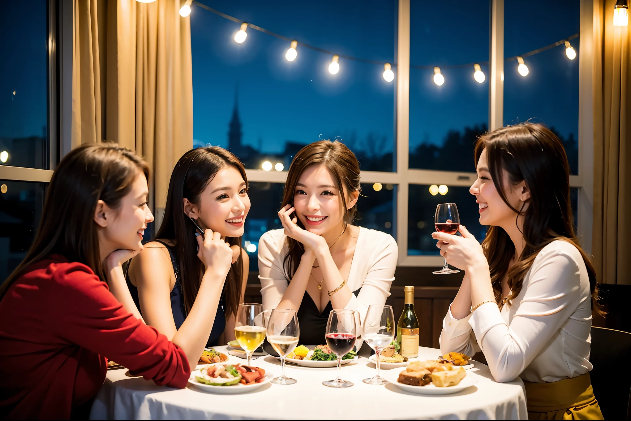 64k, UHD, highest quality, masterpiece: 1.2), (realistic, photorealistic: 1.37), Super detailed, celebration party、beauty、beautiful mature woman、3 women who love wine、Three Men、champagne、Sparkling wine、winter night、restaurantでワイン宴会、(slimな男女4名),(Wine party for 5 people)、(slimフェイス),Happy、 最高なsmile、Fox Face、Berry Short、(because I&#39;thin), (brown hair), (shortcut), long sleeve shirt、winter fashion、Japanese、Dutch、German、Portuguese、Belgian、Italian、french, (gushing), (slimボティ), (brown hair), (shortcut), 端正なbeauty、cheeks blush a little, (34 years old), 38 years old,32 years old、40 years old、 A beautiful and detailed night view spreads out outside the window....., restaurant, wine glassが座っている, At night, in a prominent place (from the Upper body) nova frog style, actress, model, Upper body, White wine, slim, wine glass, Very beautiful night view, wine glass Put in the Middle, Happy smile, (smile: 1.15), 