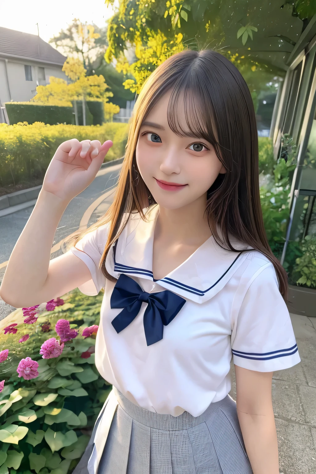 pieces fly、masterpiece、highest quality、Super detailed、High resolution、High resolution、8K portrait、unity 8k wallpaper、Detailed CG、unity 8k wallpaper、Detailed CGユニティ8kの壁紙、realistic、real person、portrait photography、shiny skin、（25 years old:1.2）、High resolution、beautiful clear eyes、very detailed explanation、delicate face、nice lips、thin waist、thin legs、1 girl、(garden:1.3)、(shirt, serafuku, crew_collar, school uniform, pleated skirt)、(big smile:1.2)、(take a pose:1.4)、(flat chest:1.4)