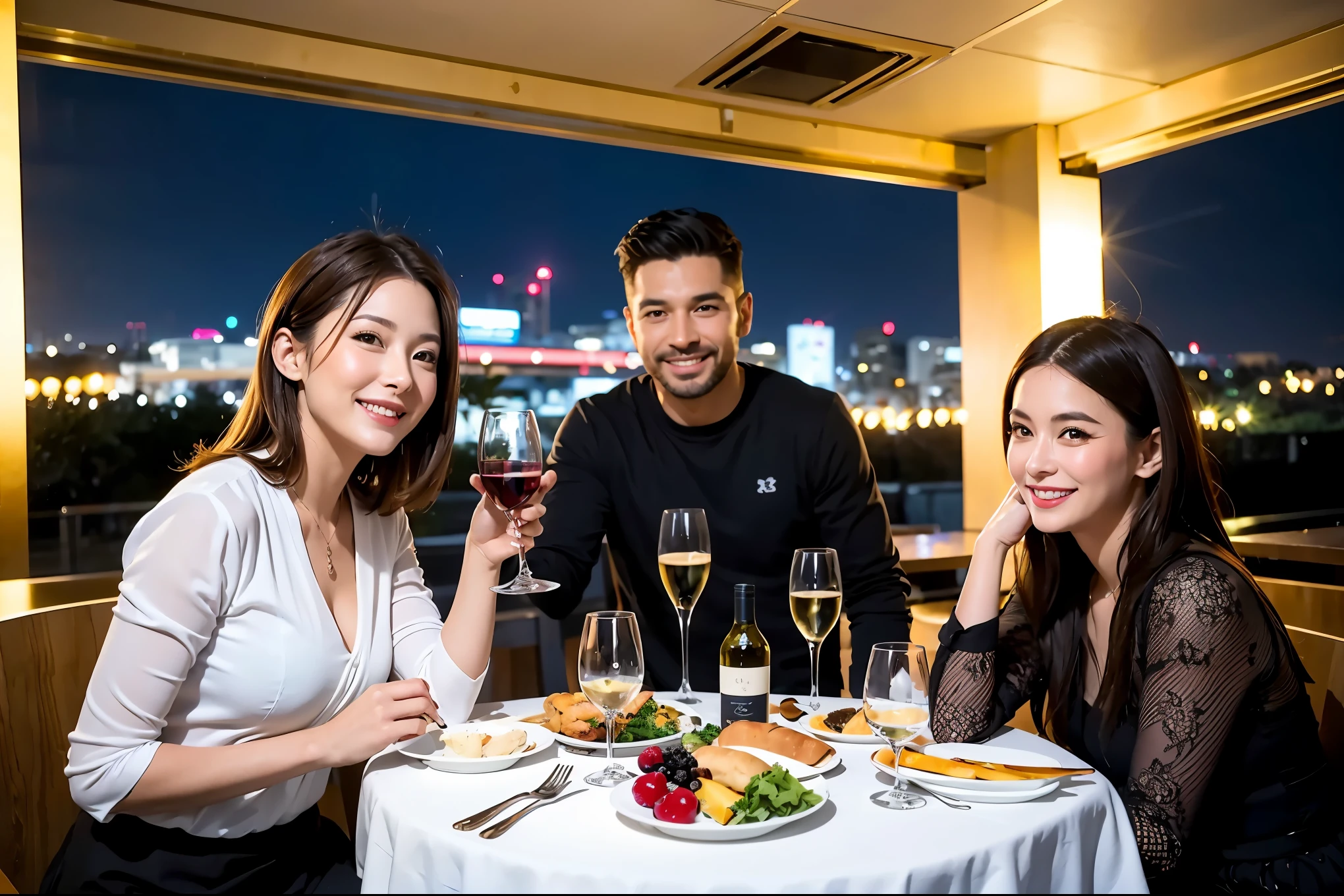 ((Highest quality、8k、masterpiece:1.3))、Slim Couple、Model Couple、(Realistic, Intricate details:1.2), full-course dinner、wine 、Amazing view of the sunset sky and clouds、A bright smile、The wonderfulness of smiles、Bright image、wineの美しさ, Beautiful Face, blue eyes, The light shines on your face, blush, short hair,Bright Face、 (Age 35), 38 years old, 赤wine 、Appetizers、Italian food、wine bottle、Champagne、スパークリングwine、Two beauties、Brown Hair、Shortcuts、Long sleeve shirt、dress、Two beautiful women