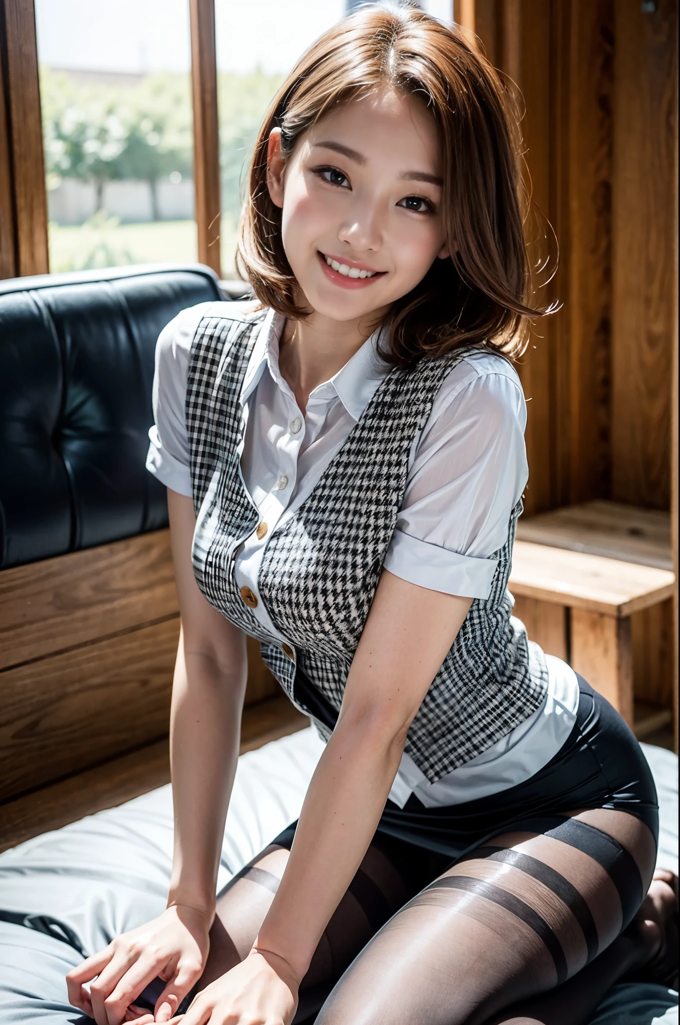 ulzzang-6500-v1.1, (RAW photo:1.2), (Photoreal),(genuine: 1.4), muste piece, highest quality, figure, super detailed, finely, High resolution, 8k wallpaper, 完璧なダイナミックな構figure, beautiful and fine eyes, (plaid vest), , harsh trial, (super realistic pantyhose:1.2), skirt and thighs、medium hair,, natural color lip, bold sexy pose, (very affectionate smile:1.2)、23 year old girl、cute、sexy shot looking at camera, realistic skin texture、shiny skin、exposed thighs!!! (full body shot:1.2),