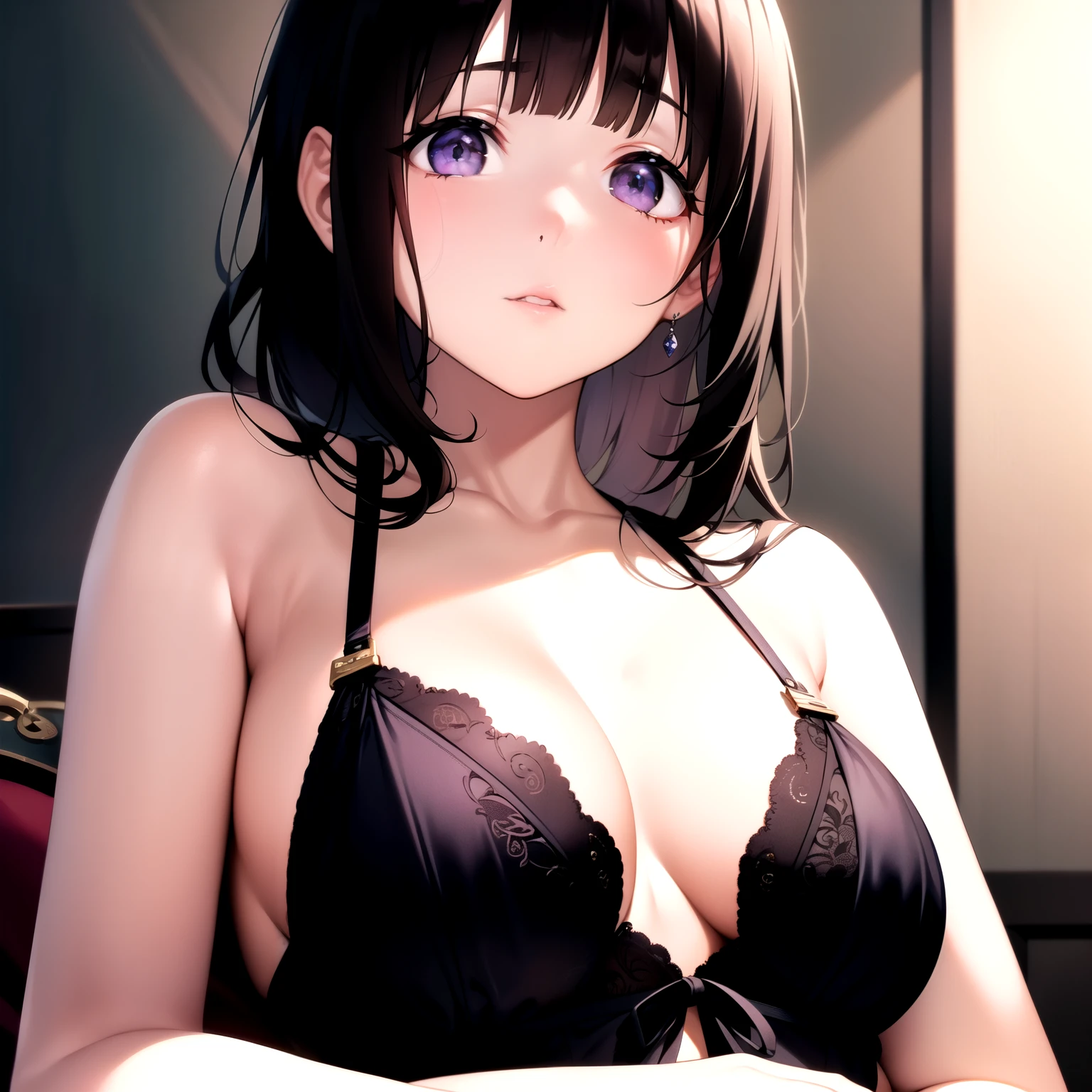 (A superb exquisite Chitanda Eru), (mature face), purple eyes, long black hair, ponytail hair, straight bangs, solo, [Small_breasts: large_breasts: 0.5], normal breasts, ((tied with ribbons, lingerie, padlocks, jewels)), extremely delicate, peerless beautiful girl, dreamy quality, exaggerated facial features, solid color, delicate face, bright lips, slender waist, straight curves, soft lights and shadows, super fine, 8K HD, (masterpiece:1.4), (finely detailed beautiful eyes: 1.2)
