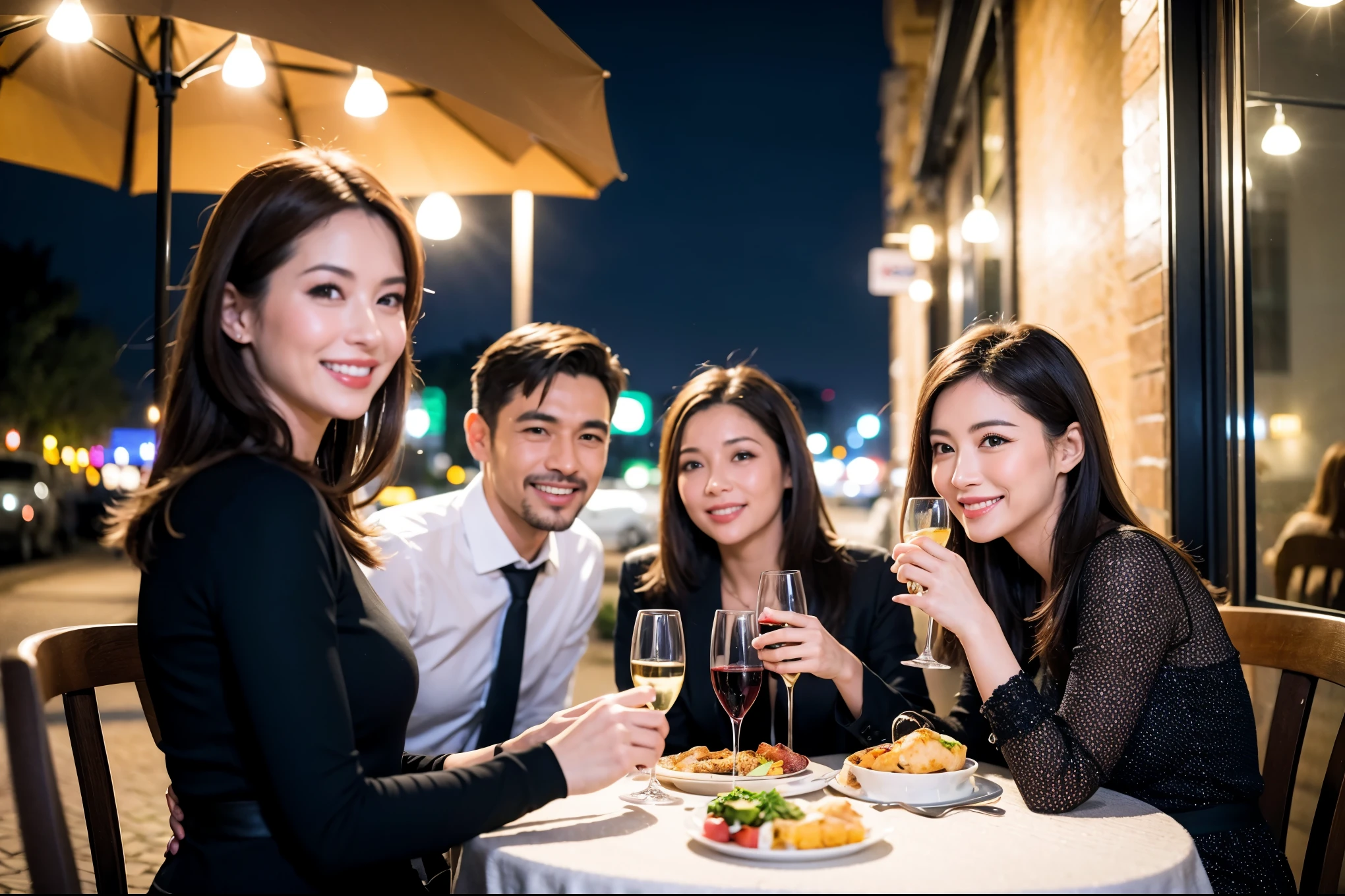 64k, UHD, highest quality, masterpiece: 1.2), (realistic, photorealistic: 1.37), Super detailed, celebration party、beauty、beautiful mature woman、3 women who love wine、Three Men、champagne、Sparkling wine、winter night、restaurantでワイン宴会、(slimな男女4名),(Wine party for 5 people)、(slimフェイス),Happy、 最高なsmile、Fox Face、Raccoon face、Berry Short、(because I'thin), (brown hair), (shortcut), long sleeve shirt、winter fashion、Colombia、Brazilian、Japanese、Dutch、German、Portuguese、Belgian、Italian、french, (gushing), (slimボティ), (brown hair), (shortcut), 端正なbeauty、cheeks blush a little, (41 years old), 38 years old, 35 years old、32 years old、 A beautiful and detailed night view spreads out outside the window....., restaurant, wine glassが座っている, At night, in a prominent place (from the Upper body) nova frog style, actress, model, Upper body, White wine, slim, wine glass, Very beautiful night view, wine glass Put in the Middle, Happy smile, (smile: 1.15),