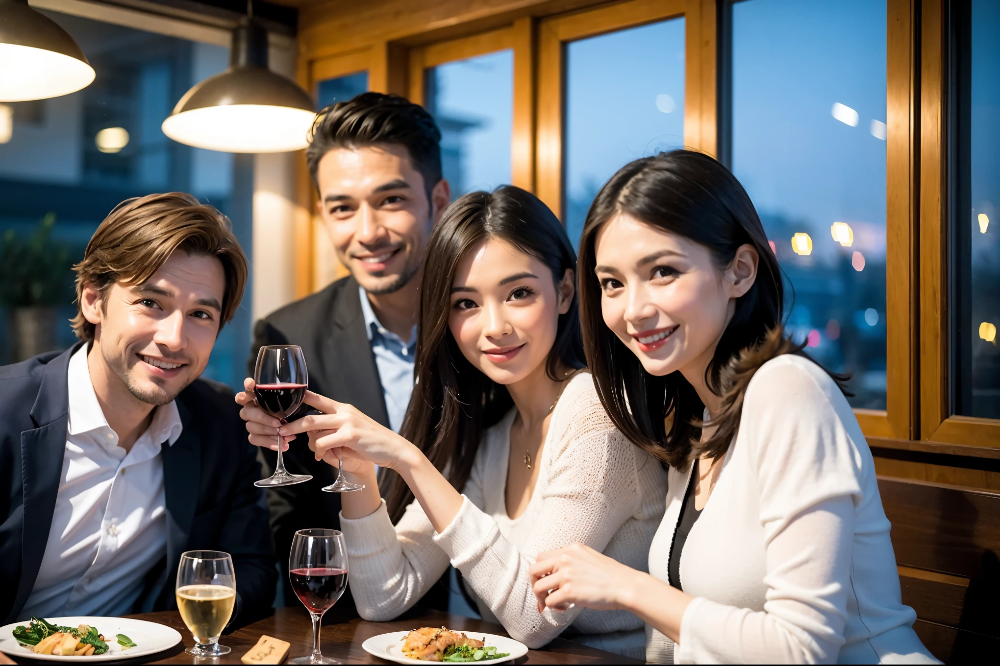 64k, UHD, highest quality, masterpiece: 1.2), (realistic, photorealistic: 1.37), Super detailed, celebration party、beauty、beautiful mature woman、3 women who love wine、Three Men、champagne、Sparkling wine、winter night、restaurantでワイン宴会、(slimな男女4名),(Wine party for 5 people)、(slimフェイス),Happy、 最高なsmile、Fox Face、Raccoon face、Berry Short、(because I'thin), (brown hair), (shortcut), long sleeve shirt、winter fashion、Colombia、Brazilian、Japanese、Dutch、German、Portuguese、Belgian、Italian、french, (gushing), (slimボティ), (brown hair), (shortcut), 端正なbeauty、cheeks blush a little, (41 years old), 38 years old, 35 years old、32 years old、 A beautiful and detailed night view spreads out outside the window....., restaurant, wine glassが座っている, At night, in a prominent place (from the Upper body) nova frog style, actress, model, Upper body, White wine, slim, wine glass, Very beautiful night view, wine glass Put in the Middle, Happy smile, (smile: 1.15),