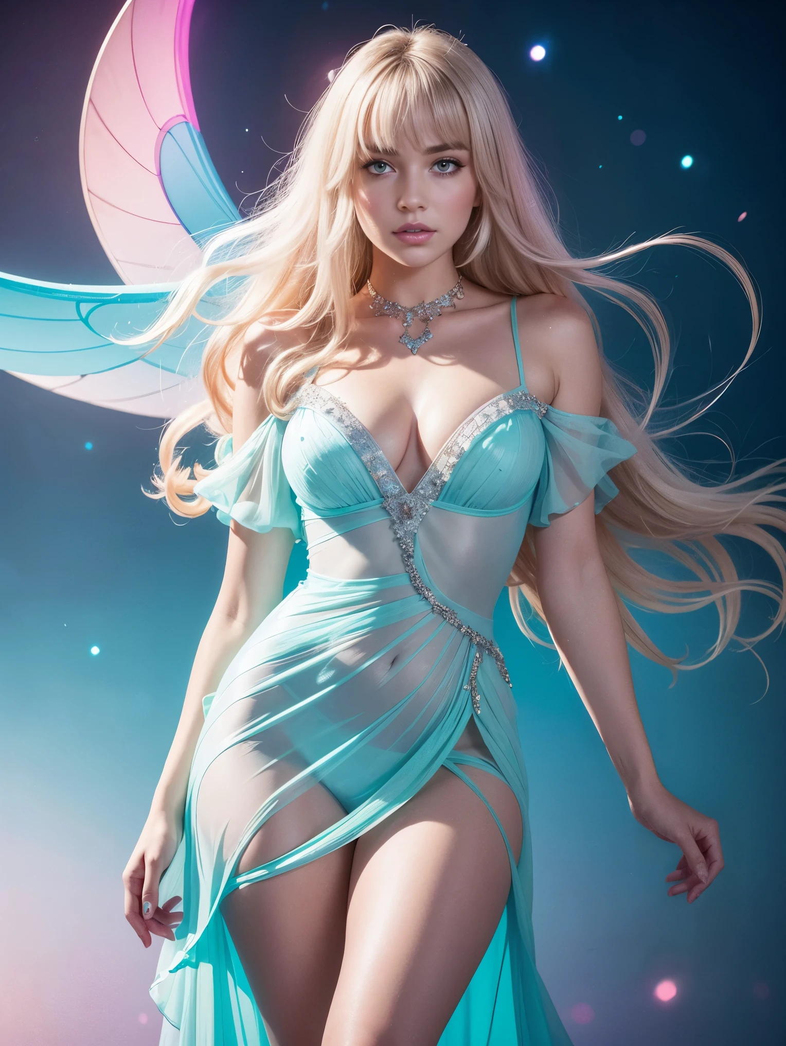 (fluorescent colors:1.4),(translucent:1.4),(retro filters:1.4), (fantasy:1.4), candy world Disney land ethereal soft fluffy soft landscape forest snowavatar Pastel pink sky green blue sparkle ethereal light pastel whimsical light rainbow stars diamonds sparkle gemstone background hyper realistic Ultra quality cinematic lighting immense detail Full hd painting Well lit,diagonal bangs, one ultra hot gorgeous European woman, age 23, ((collared dress)),on side, masterpiece, best quality,realskin,(portrait:1.5), blunt bangs, long hair, full body.