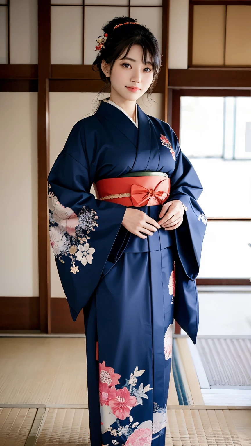 A woman wears a navy traditional Japan Kimono
