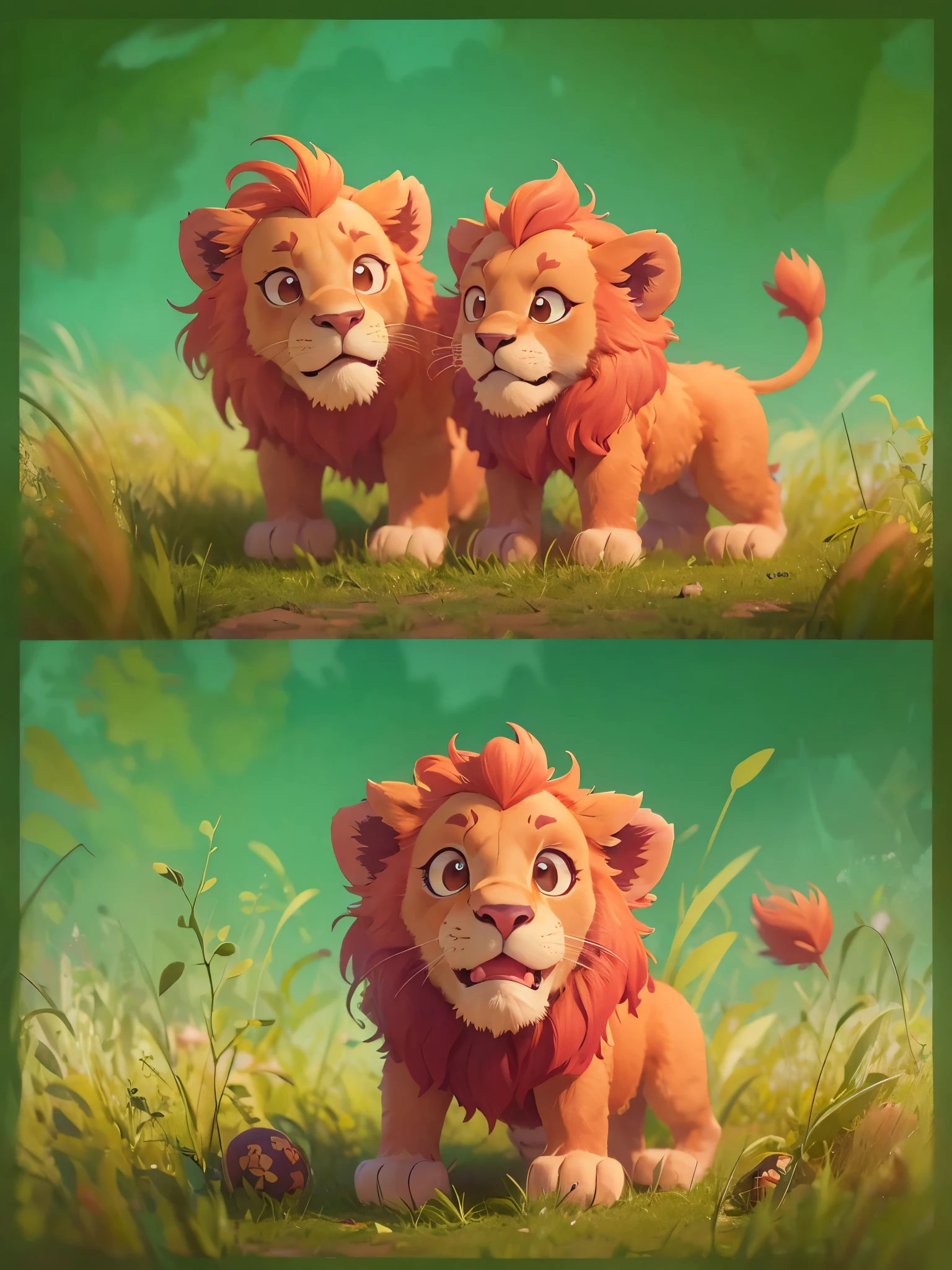 A lovely lion,playing on the grassland,quadrupedal,happy,Pixar style illustration,