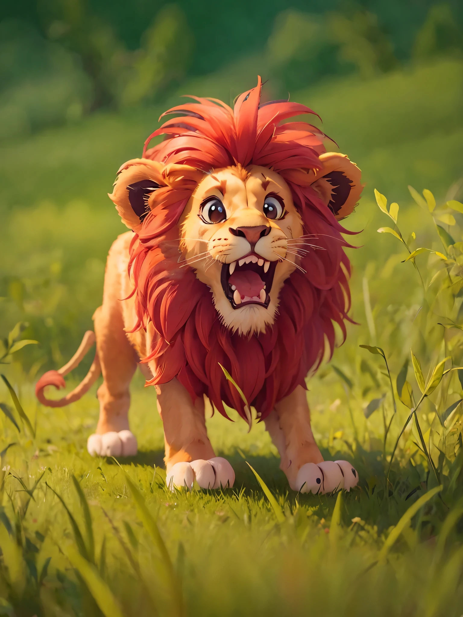 A lovely lion,playing on the grassland,quadrupedal,happy,Pixar style illustration,