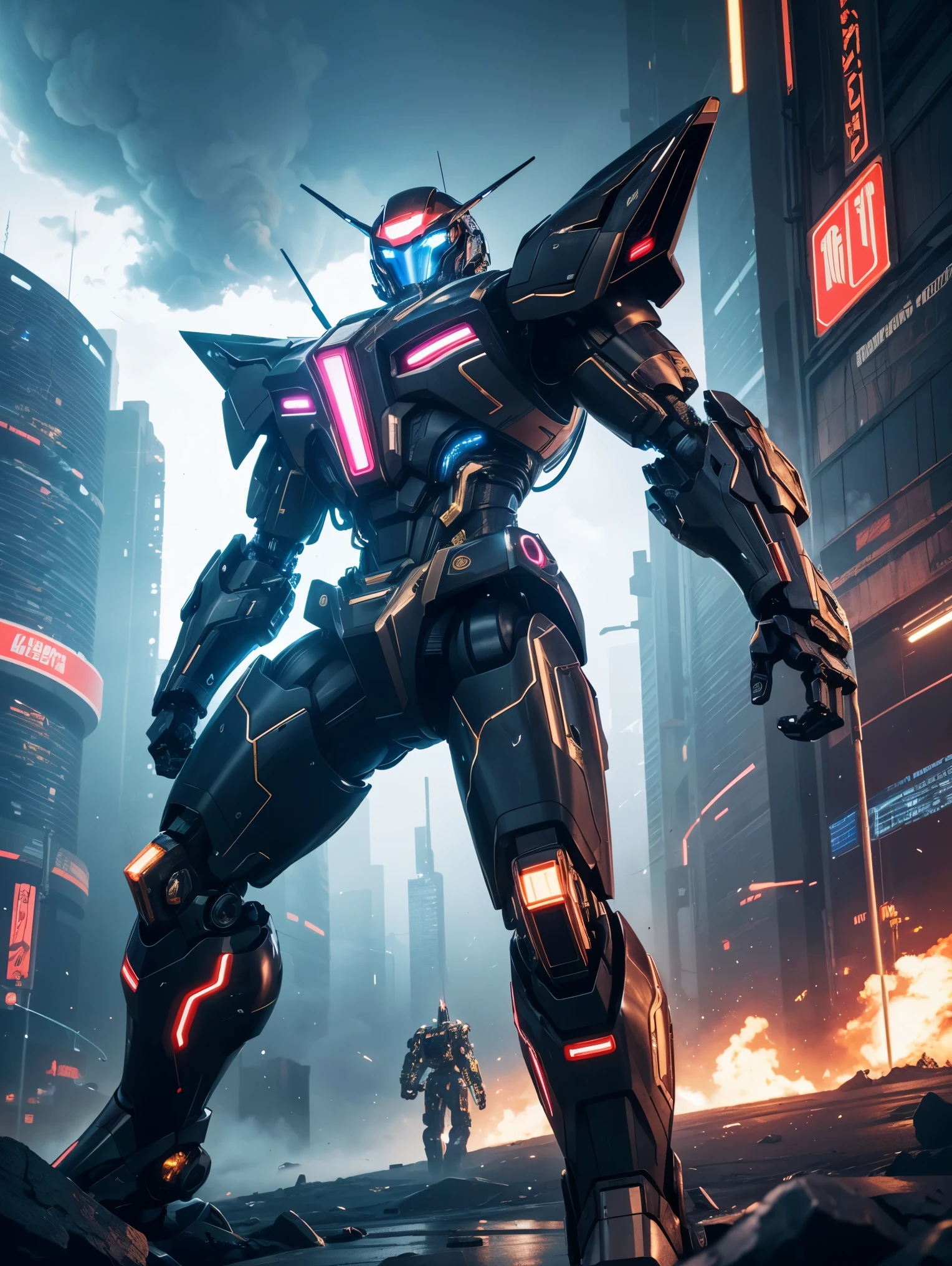 masterpiece,official art,8k, masterpiece, best quality, highly detailed, futuristic, dynamic, glowing, metallic, robotic,, , cybernetic world,mecha:1.2,energy waves,explosions,high-tech buildings,neon lights,smoke and dust.