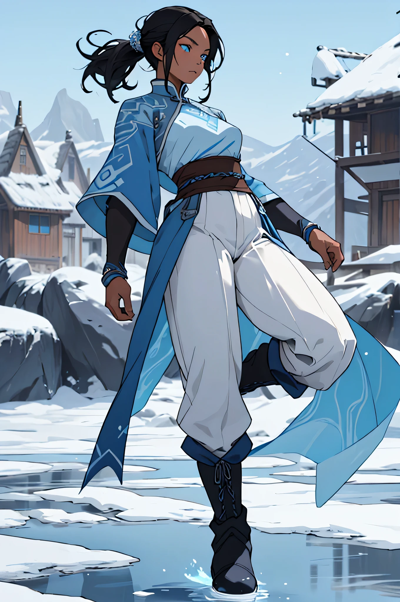"arte meticulosamente trabalhada_v10.0, de_Alta qualidade_v2_99t, assunto: a lonely woman, uma obra-prima contra um fundo intrincadamente detalhado. Strikide a martial pose in an ice village, She exudes determination and power, todo o seu corpo em foco. Esta mulher, com um rico, tez cacau quente e cabelo preto liso, is adorned in a full set of deep blue and white attire. Wearide a practical pants paired with sturdy boots, she shows cases of the iconic style of waterbenders from 'Avatar: the last airbender.' The clothide, blendide shades of blue and white, complements your confident steps on the frozen surface. Her blue eyes reflect the icy landscape as she controls the frozen water beneath her feet..