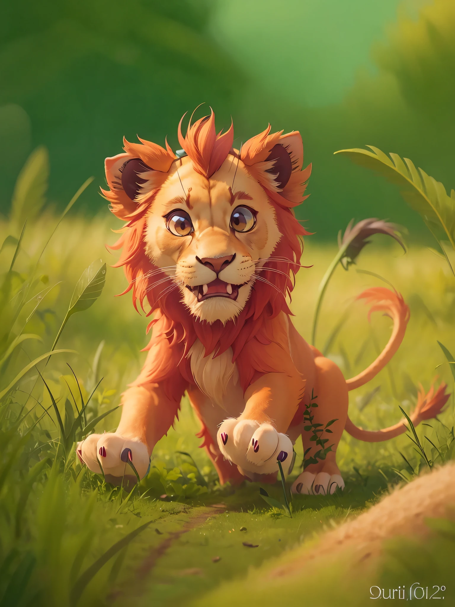 A lovely lion，playing on the grassland，quadrupedal，happy，Pixar style illustration，