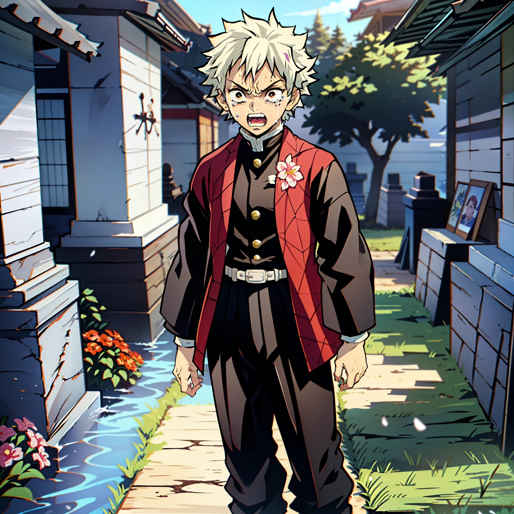 (masterpiece, best quality:1.2), kimetsu no yaiba style, Sanemi Shinazugawa, (1man, solo), 25years old, upper body, demon slayer uniform, black jacket, (black pants, white belt, belt buckle), brown eyes, (bakugou, white messy short hair), long scar on face, (angry crying, tears:1.3), (scream, shout), (standing in the cemetery, Japanese style tombstone, bouquet of flowers)