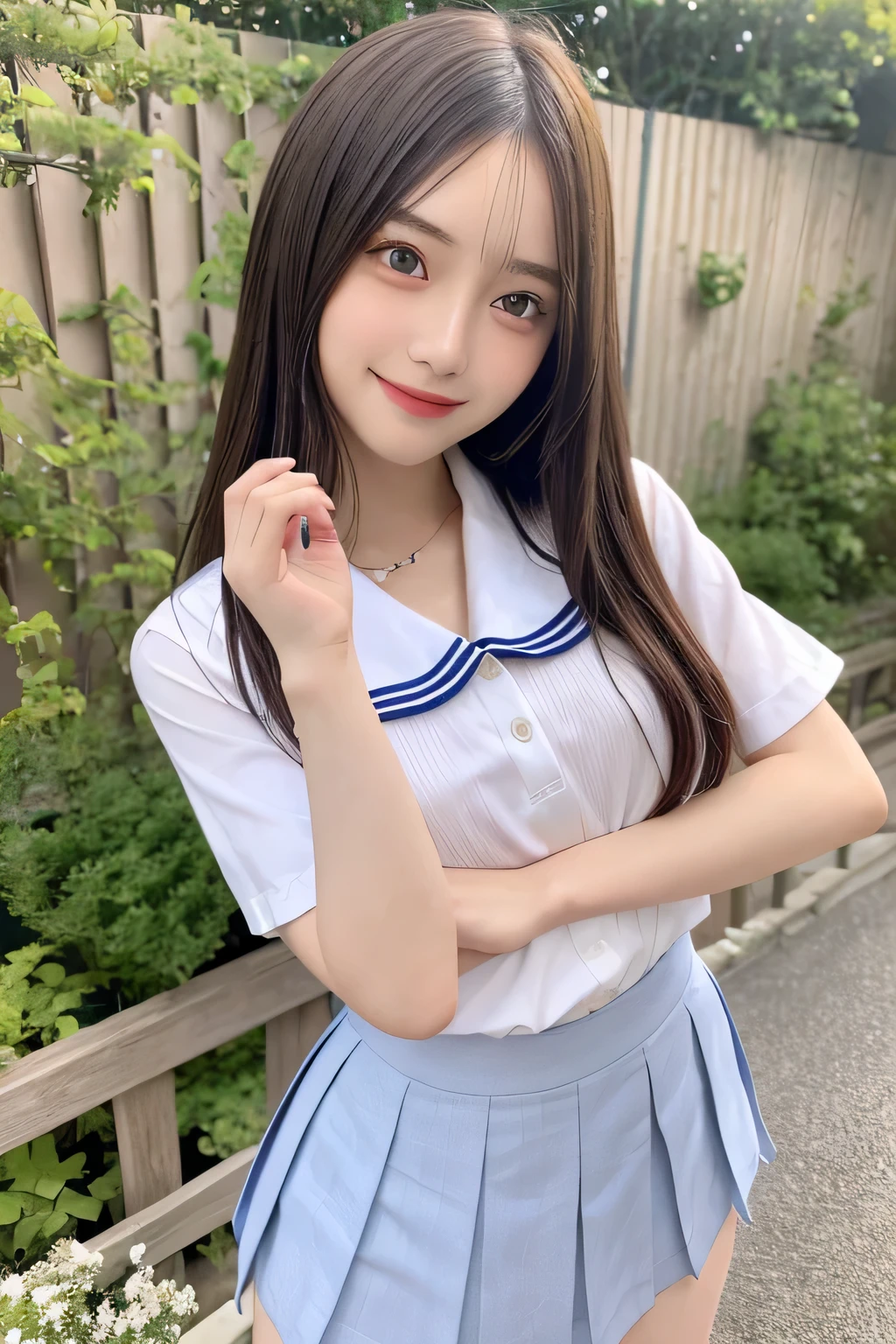 pieces fly、masterpiece、highest quality、Super detailed、High resolution、High resolution、8K portrait、unity 8k wallpaper、Detailed CG、unity 8k wallpaper、Detailed CGユニティ8kの壁紙、realistic、real person、portrait photography、shiny skin、(25 years old:1.2)、High resolution、beautiful clear eyes、very detailed explanation、delicate face、nice lips、thin waist、thin legs、1 girl、(garden:1.3)、(shirt, serafuku, crew_collar, school uniform, pleated skirt)、(big smile:1.2)、(take a pose:1.4)、(flat chest:1.4)