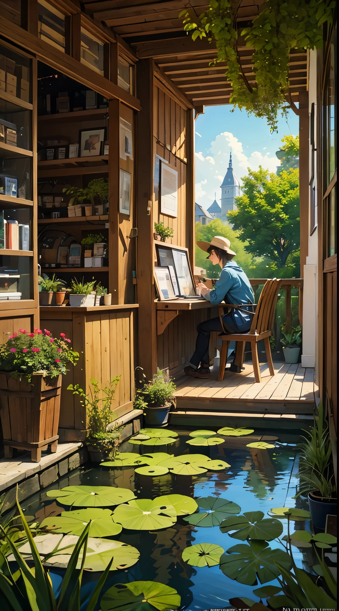 (micro-landscape:1.5),(best quality), ((masterpiece)), (highres), illustration, original, extremely detailed wallpaper, no humans, window, scenery, plant, water, potted plant, outdoors, building, door, house, flower pot, day, lily pad, chair, flower, table, stairs, watermark, hat, tree, sunlight, pond, grass, indoors, reflection, lamp, balcony, black headwear, bush, sky, railing, desk, open window, shelf, leaf, book, web address, copyright name, ladder, architecture, shadow, solo, dated, vines, vase, city, cafe, lantern, bucket, ruins, bench, shop, signature, moss, boat, barrel, river,