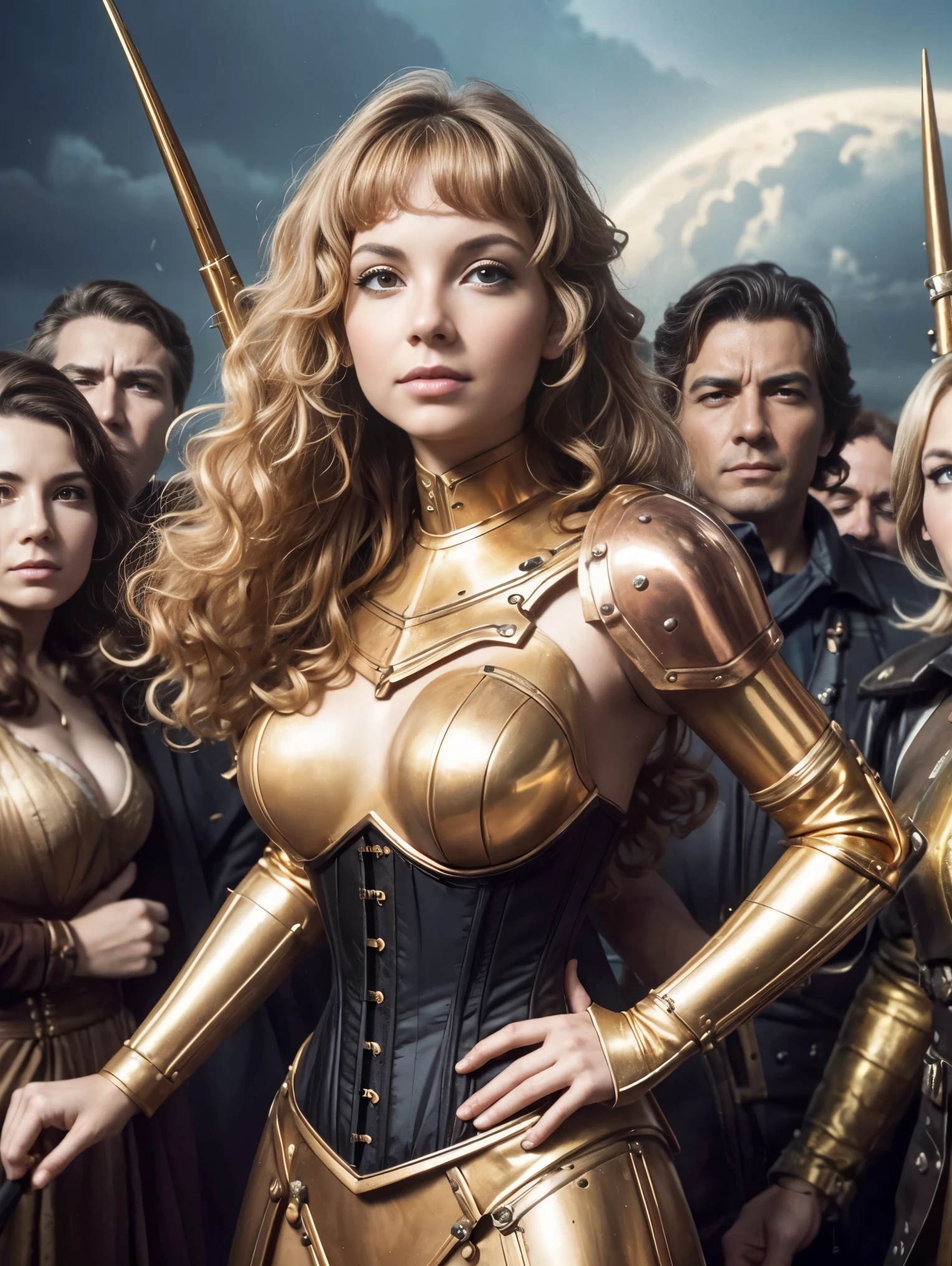 a close up of a woman in a corset dress with a bunch of people, les edwards poster art, golden and copper armor, mech, seventies, face like ester exposito, 1 9 7 0 s female alive, key frame, dollpunk, band of gold round his breasts, barbarella, metalic, mechanical, mechanical superstructure