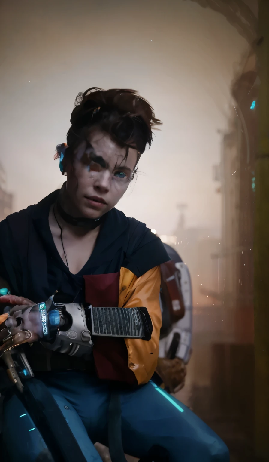 masterpiece,  best quality, , (solo), 1girl, look up, dim light, , Horizon_(apex legends), goggles, blue eyes, brown hair, gauntlets, shoulder armor,  headwear, (freckles:0.5), , (science_fiction), outdoors, street, neon lights, cyberpunk,