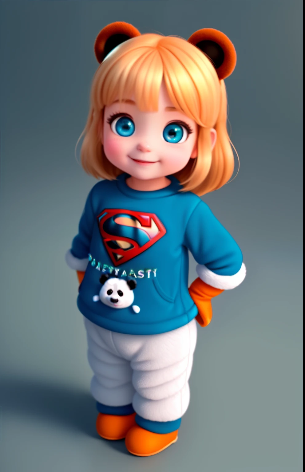 (masterpiece), (best quality), (Super detailed), (whole body:1.2), little girl,Super cute,plush gloves, Pixar, panda in pajamas, big bright eyes, fluffy, Smile, Exquisite, Fairytales, Very detailed, Pixar style, bright color palette, Natural light, Simple background with solid color, octane rendering, Popular topics on Artstation, Gorgeous, super wide angle, 8k, HD, actual