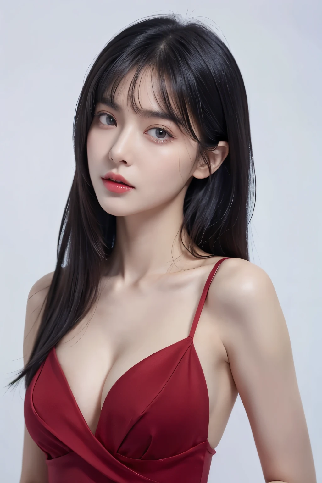 lifelike,high resolution：1.3）， A slim girl， The face shape and eyes are super delicate,black hair,red glossy lips,(beautiful face), (best quality), (Super detailed), (Extremely detailed CG unified 8k wallpaper),((deep v dress)),(White background),(cleavage),(Model photo),dignified poses,big eyes,(standing),(air bangs),SMALL BREASTS,((full upper body)),(above waist),Eyes look at the audience,Teardrop-shaped breasts,soft breasts,very realistic breasts