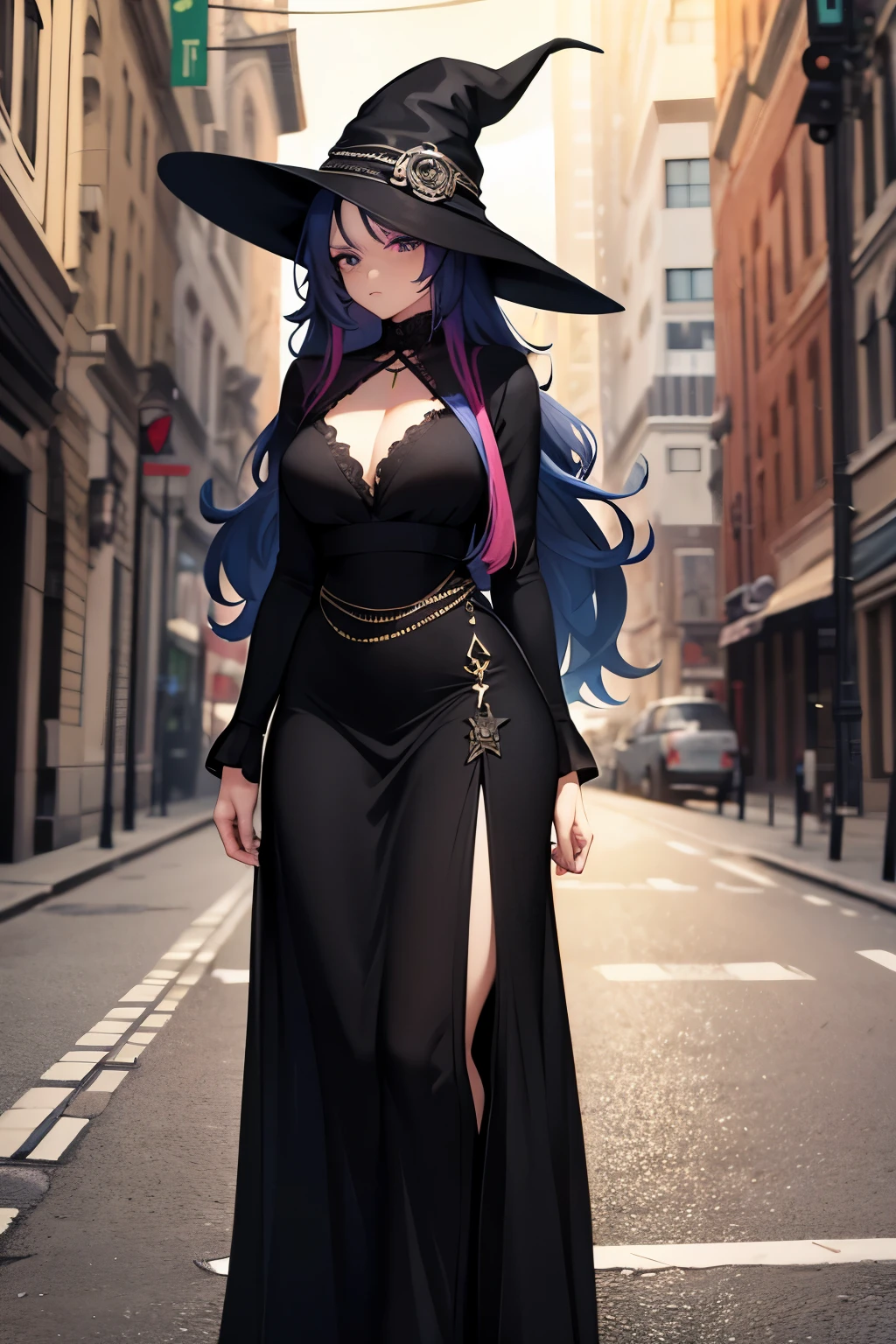 neon color hair,wavy shaggy hair,long hair,30s,woman,witch,black seath dress,maxi length dress