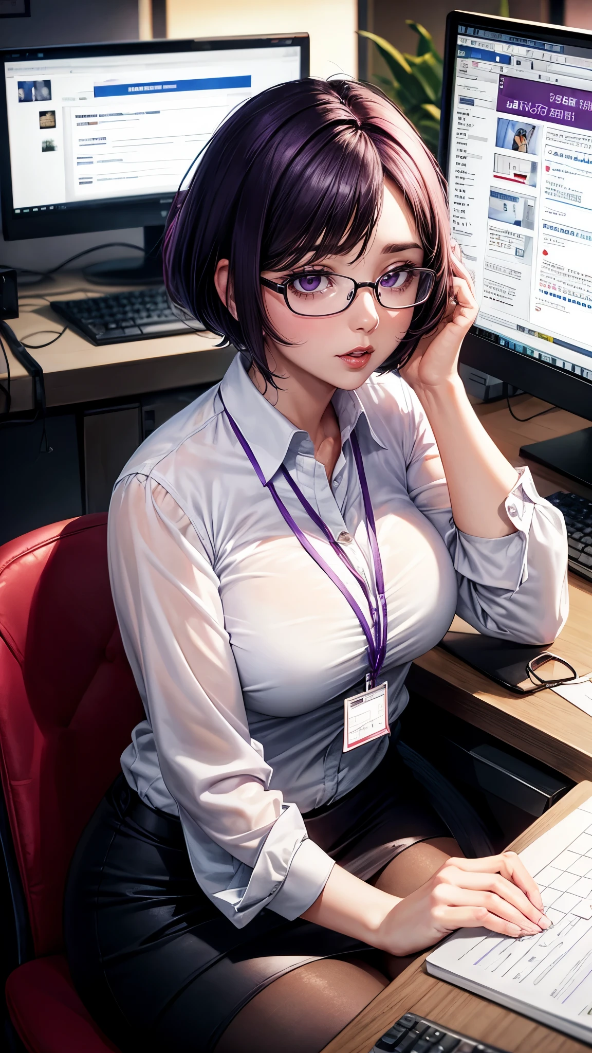 purple short hair Glasses white blouse black tight skirt stockings (lanyard id card) 50 years old red rouge plump lips round face Plump (eyecontact) Sitting at a computer desk in an office in a high-rise building sunset A talented female secretary who gives advice