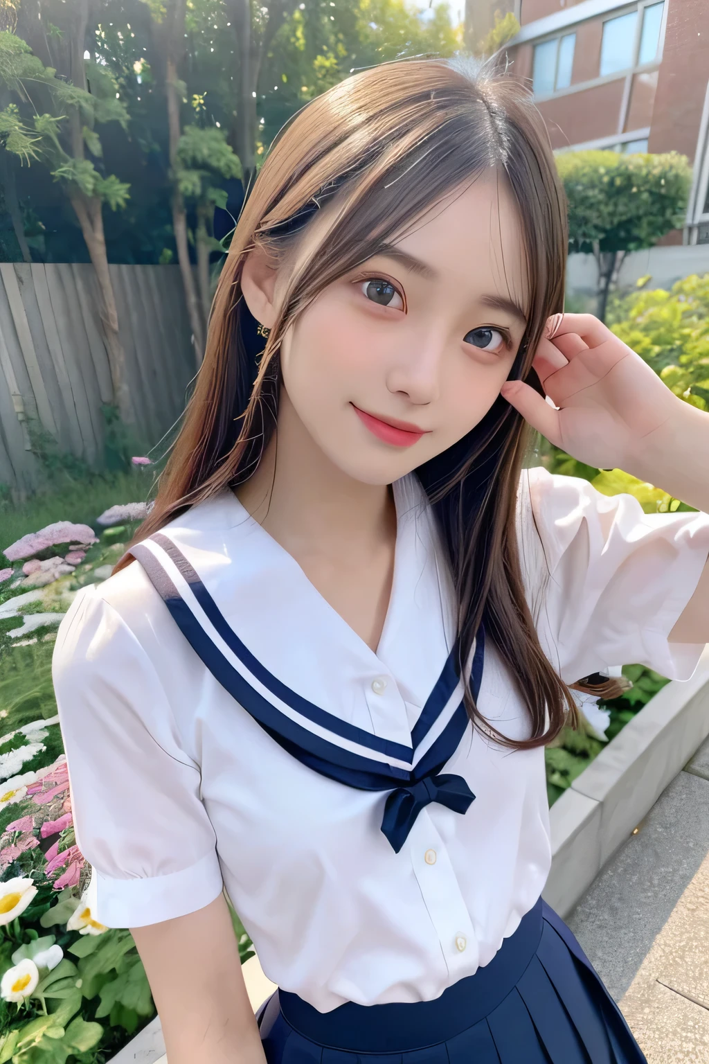 pieces fly、masterpiece、highest quality、Super detailed、High resolution、High resolution、8K portrait、unity 8k wallpaper、Detailed CG、unity 8k wallpaper、Detailed CGユニティ8kの壁紙、realistic、real person、portrait photography、shiny skin、（25 years old:1.2）、High resolution、beautiful clear eyes、very detailed explanation、delicate face、nice lips、thin waist、thin legs、1 girl、(garden:1.3)、(shirt, serafuku, crew_collar, school uniform, pleated skirt)、(smile:1.2)、(take a pose:1.4)、(flat chest:1.4)
