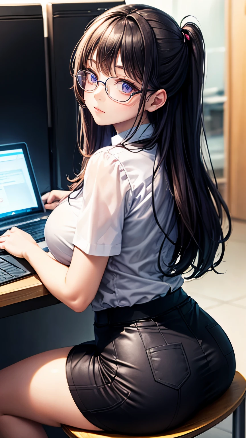 Purple shorthair Glasses shiny purple satin blouse black tight skirt stockings (Strap ID Card) 50 years old レッドルージュPlumpとした唇 round face Plump (eye contact) Office in a high-rise building sitting at the computer desk and looking back. sunset A talented female secretary who gives advice