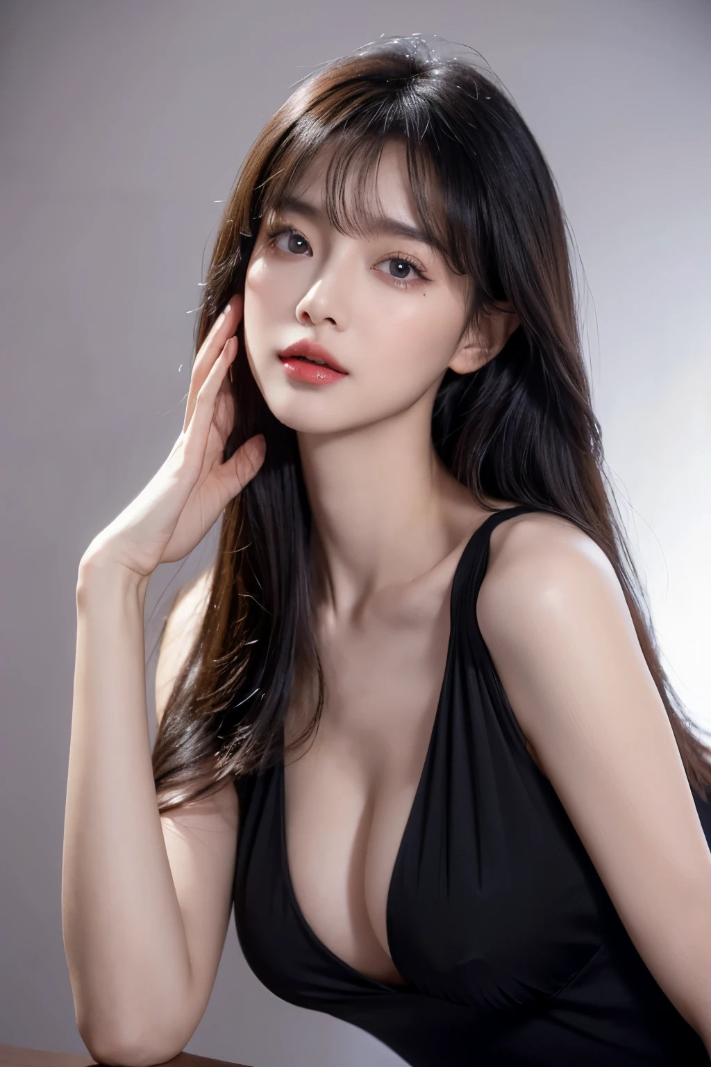 lifelike,high resolution：1.3）， A slim girl， The face shape and eyes are super delicate,black hair,red glossy lips,(beautiful face), (best quality), (Super detailed), (Extremely detailed CG unified 8k wallpaper),((deep v dress)),(White background),(cleavage),(Model photo),dignified poses,big eyes,(standing),(air bangs),SMALL BREASTS,((full upper body)),(above waist),Eyes look at the audience,Teardrop-shaped breasts,soft breasts,very realistic breasts