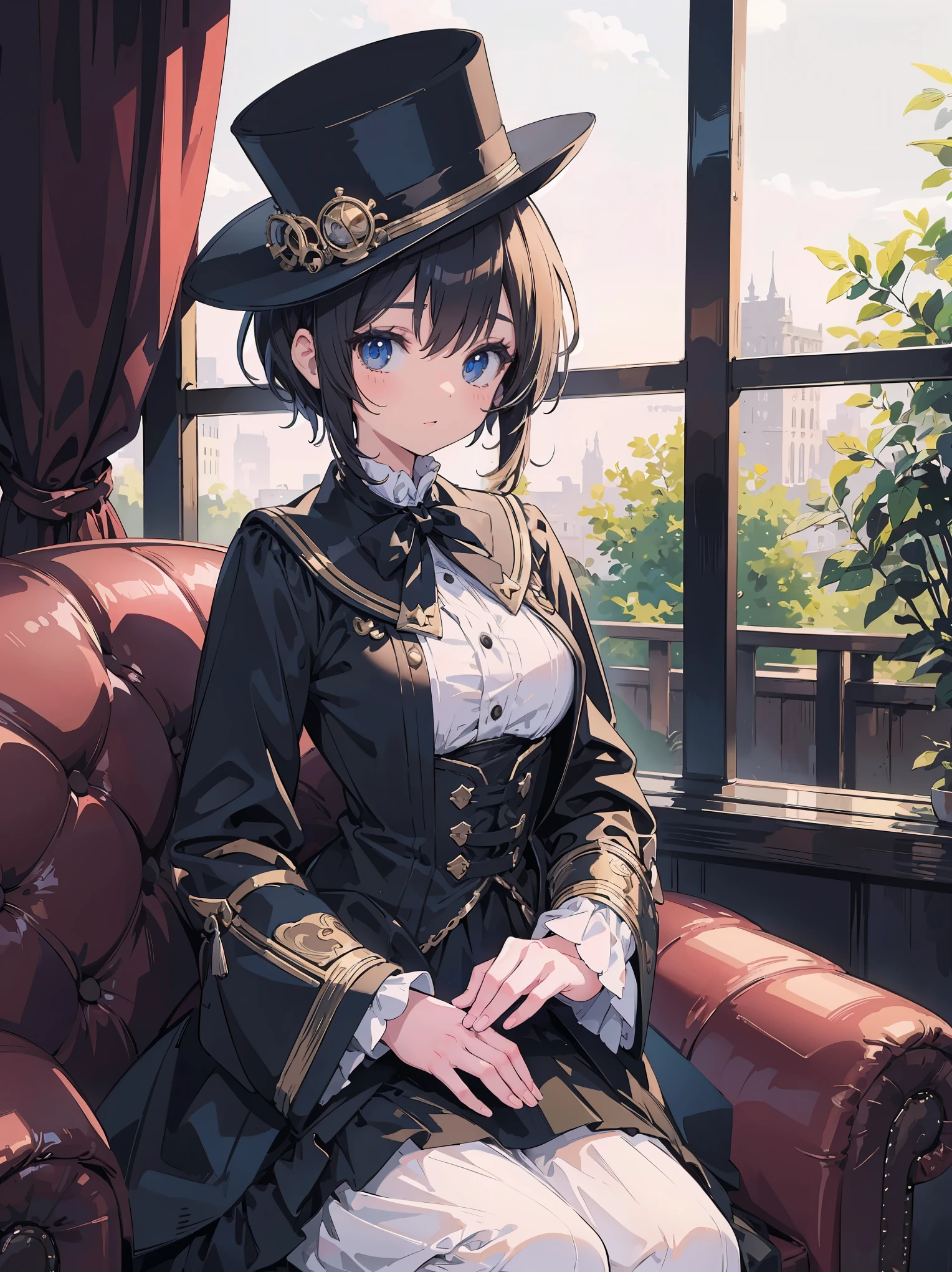 all the intricate details: "(16 years old, White steampunk victorian short dress and top hat, firm chest, medium breasts, sexy woman, natural side lighting, high contrast, canon eos camera, 50mm professional lens)"