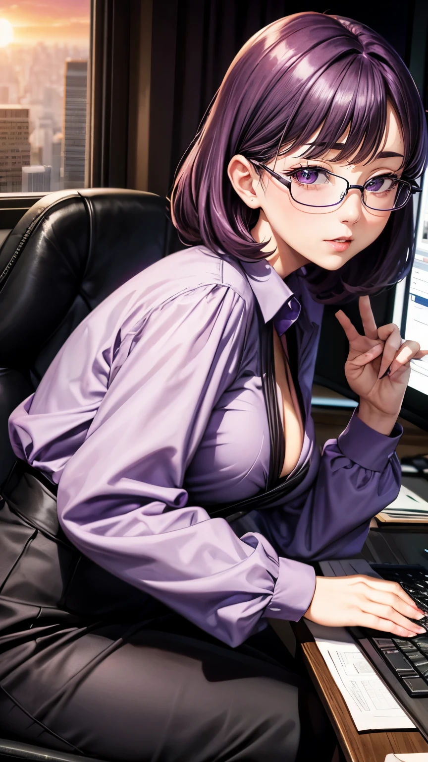 Purple shorthair　Glasses　shiny purple satin blouse　black tight skirt　stockings　(Strap ID Card)　50 years old　レッドルージュPlumpとした唇　round face　Plump　(eye contact)　Office in a high-rise building　sitting at the computer desk and looking back.　sunset　A talented female secretary who gives advice　