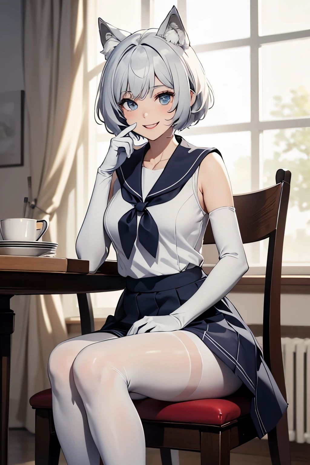 table top High level image quality best image quality 8K adult woman portrait white long gloves white pantyhose sailor suit(sleeveless) exy White wolf ears short hair((shortcut)(gray hair)(perm)(fluffy)) eye color is blue Face seducing((laughter)(smile)(open your mouth)) See here I can see inside the skirt raise your legs sit on a chair