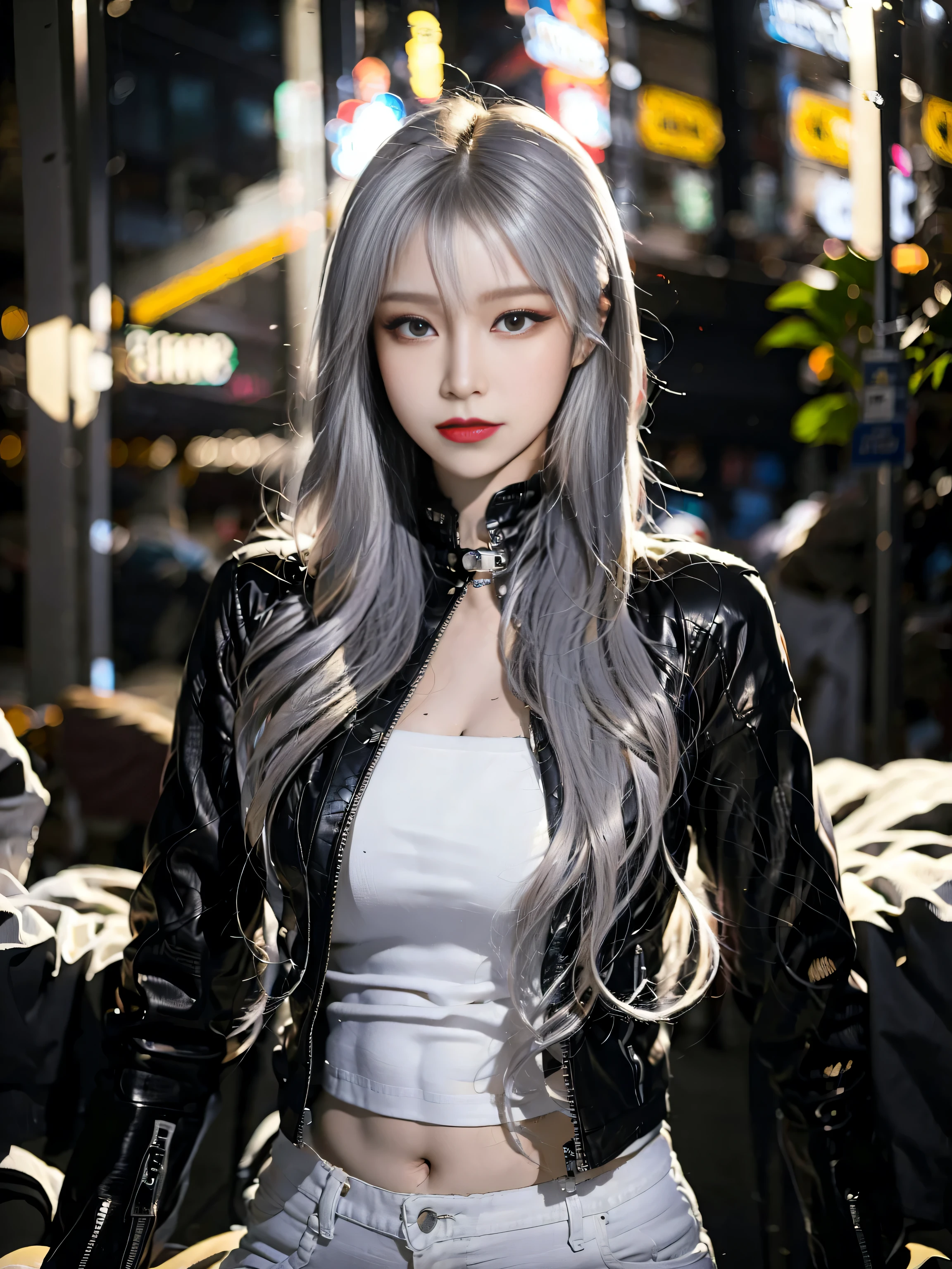 original photo, beautifully, best quality, (intricate details:1.3), Super detailed, colorful, 8k ultra high definition, film grain, (富士XT3), (lifelike:1.4), 1 girl,(Erin No. 1:1),whole body,alone,extremely detailed face,beautiful and delicate eyes,blue eyes.( Elaborate makeup:1.15),smooth skin,mature face, Stylish hairstyle earrings,black leather jacket ,white undershirt,Hot jeans,(Slender legs:1.1), There is light on the face,(charming smile:1.05), Sexy,(medium breasts:1), Hallyu performance stage, (ulzzang-6500-v1.1:1),(pure face_v1:1)