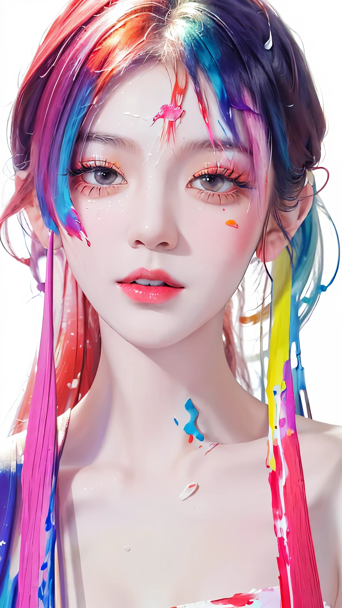 (masterpiece, best quality, high resolution), White background, ((paint splatter, splash of color, splash ink, splash of color)), Sweet Chinese girl, rainbow hair, pink lips, front, Upper body