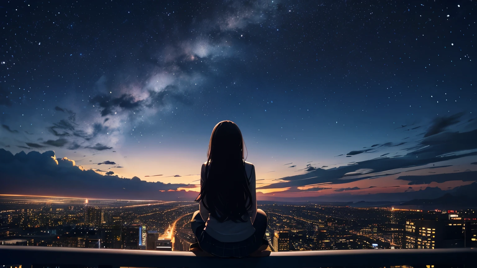 octans, sky, star (sky), scenery, starry sky, night, 1girl, night sky, solo, outdoors, building, cloud, milky way, sitting, tree, long hair, city, silhouette, cityscape