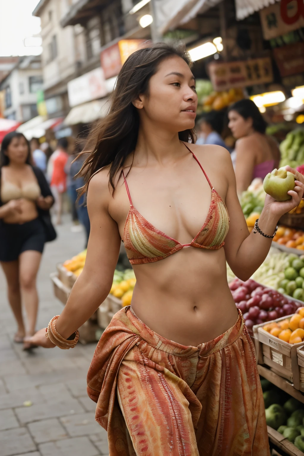 Realistic image of a woman walking through a busy market, There are vendors selling colorful fruits and vegetables all around. Shot from a close-up angle，Capture texture and energy.