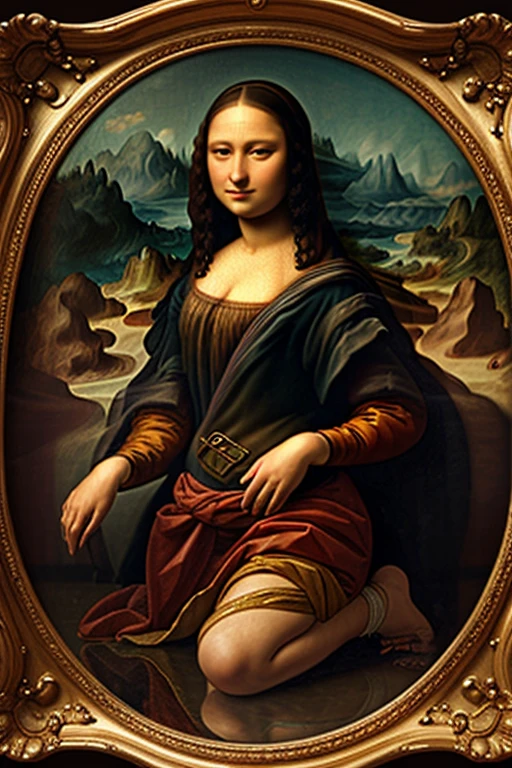 Depraved Mona Lisa in kneeling pose, ( looking at viewer:1.5), high definition, best quality, ultra high res, (photorealistic:1.5), (Skin reflection:1.3), RAW photo, physically-based rendering, shiny skin, curvy