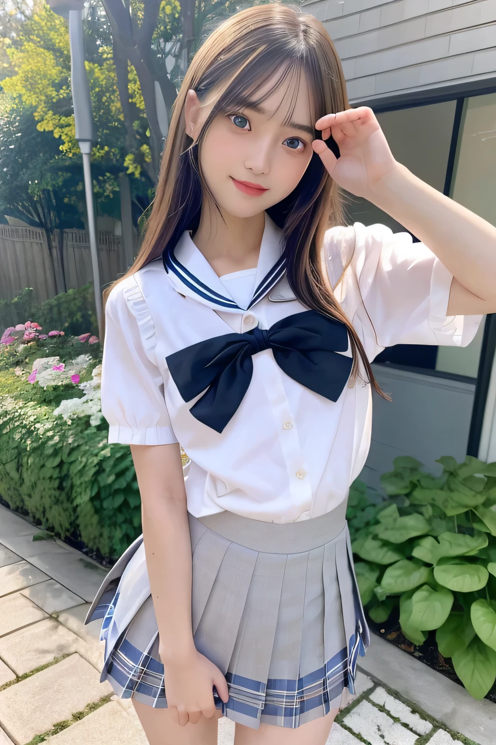 pieces fly、masterpiece、highest quality、Super detailed、High resolution、High resolution、8K portrait、unity 8k wallpaper、Detailed CG、unity 8k wallpaper、Detailed CGユニティ8kの壁紙、realistic、real person、portrait photography、shiny skin、(25 years old:1.2)、High resolution、beautiful clear eyes、very detailed explanation、delicate face、nice lips、thin waist、thin legs、1 girl、(garden:1.3)、(shirt, serafuku, crew_collar, school uniform, pleated skirt)、(smile:1.2)、(take a pose:1.4)、(flat chest:1.4)