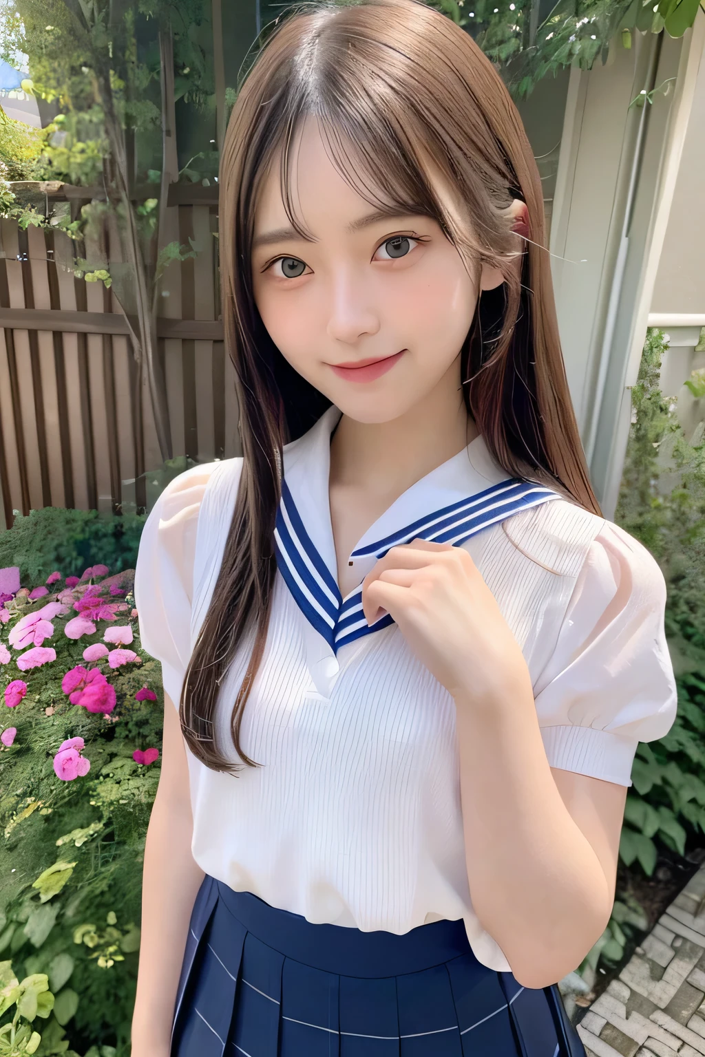 pieces fly、masterpiece、highest quality、Super detailed、High resolution、High resolution、8K portrait、unity 8k wallpaper、Detailed CG、unity 8k wallpaper、Detailed CGユニティ8kの壁紙、realistic、real person、portrait photography、shiny skin、(25 years old:1.2)、High resolution、beautiful clear eyes、very detailed explanation、delicate face、nice lips、thin waist、thin legs、1 girl、(garden:1.3)、(shirt, serafuku, crew_collar, school uniform, pleated skirt)、(smile:1.2)、(take a pose:1.4)、(flat chest:1.4)